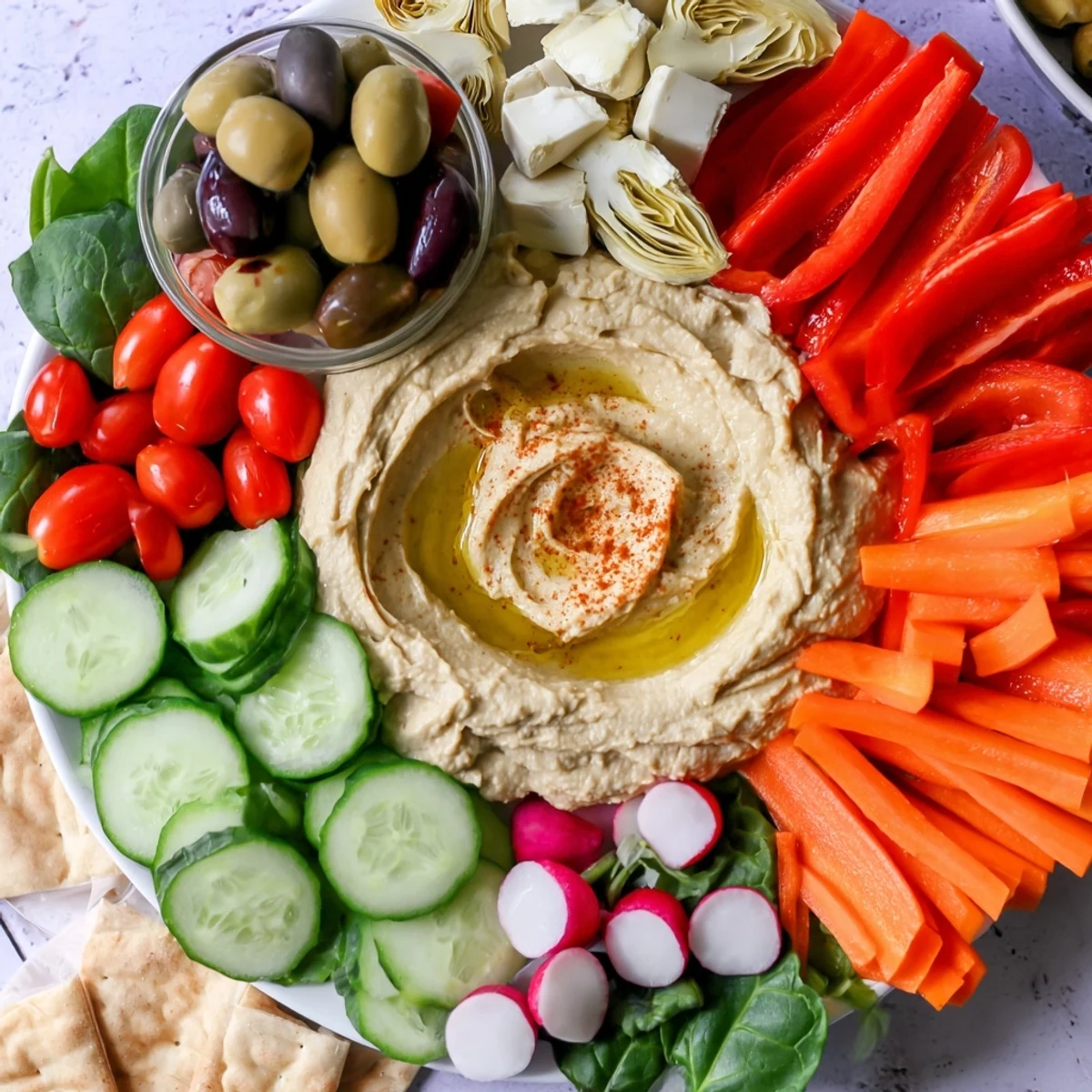 A vibrant Mediterranean Hummus Platter surrounded by crisp veggies, olives, and warm pita wedges for easy dipping.