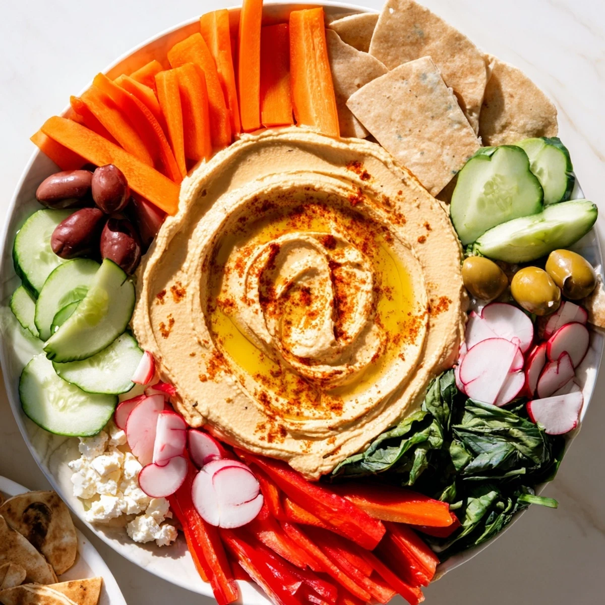 Close-up of Mediterranean Hummus Platter showing creamy swirls, colorful vegetables, and marinated artichokes on a rustic board.