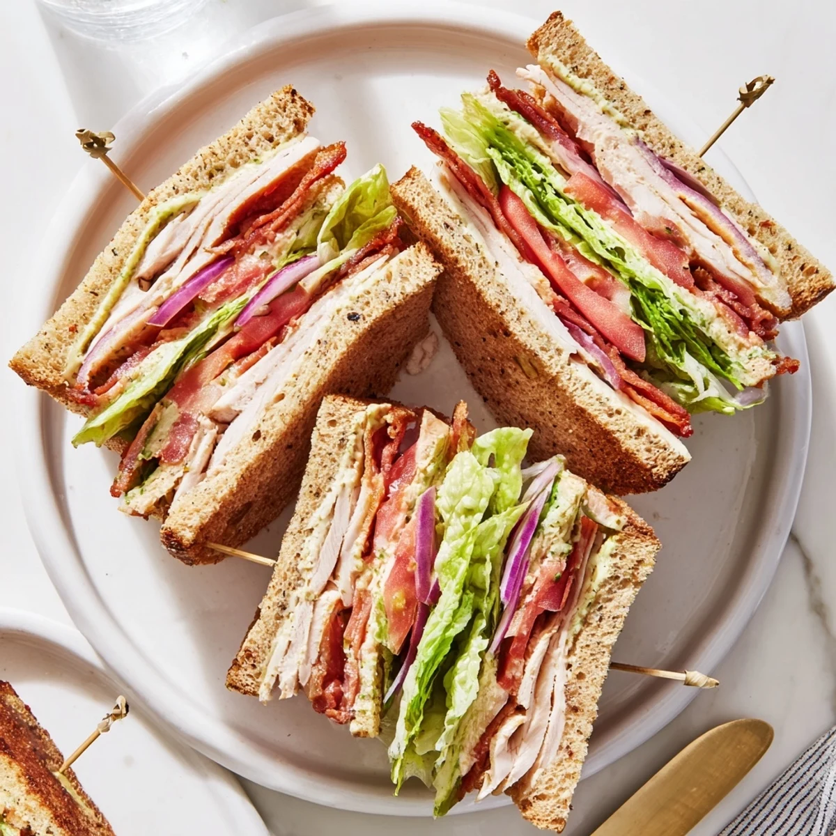 Perfectly assembled turkey club sandwich with crispy bacon, tender turkey, and fresh veggies, ideal for a quick lunch or picnic.