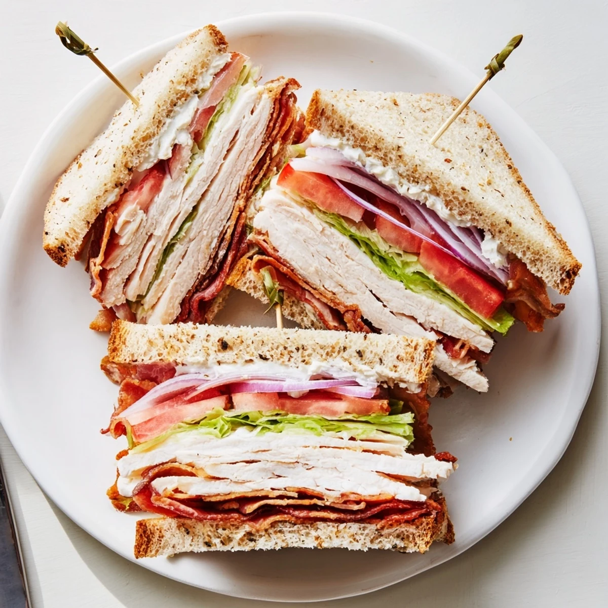 A classic triple-decker turkey club sandwich, diagonally sliced to show stacked layers of turkey bacon, lettuce, and tomato on a plate.