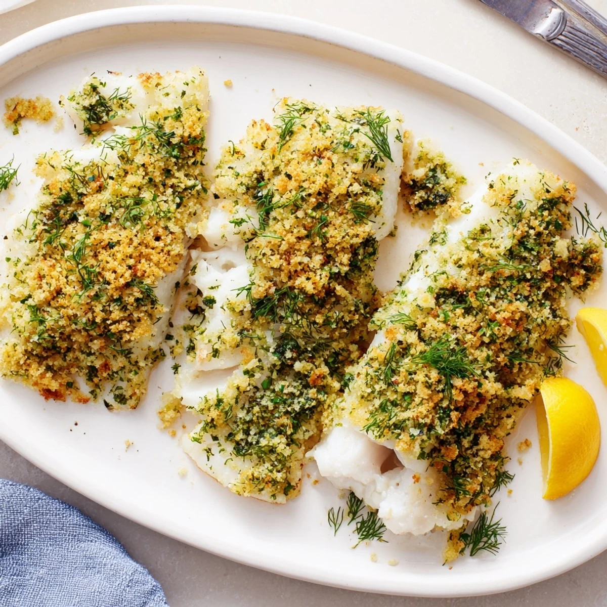 Golden-brown Baked Hake with Lemon and Herb Crust rests on a white plate, garnished with fresh lemon wedges.