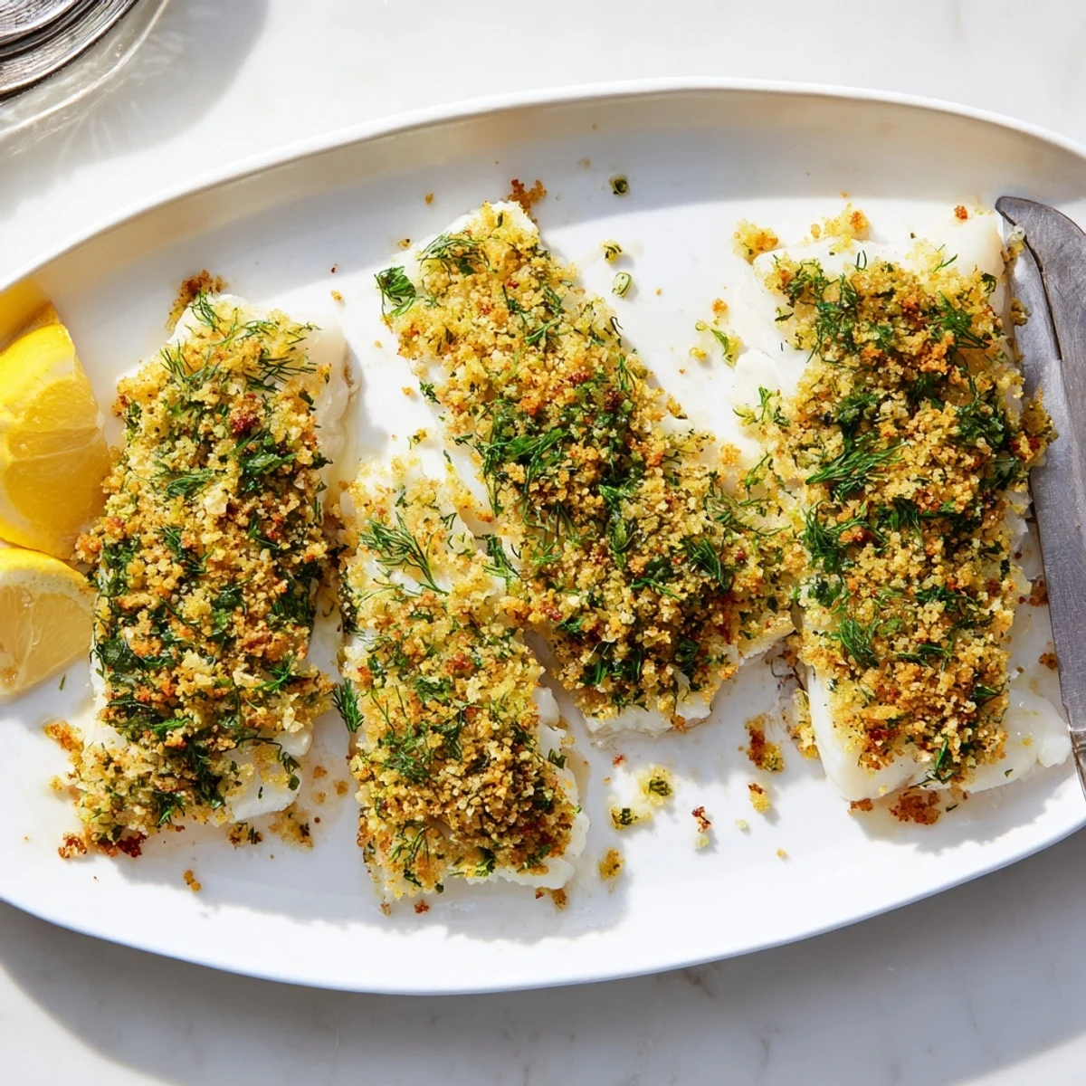 A close-up of Baked Hake with Lemon and Herb Crust shows flaky fish topped with crispy, green herbs.