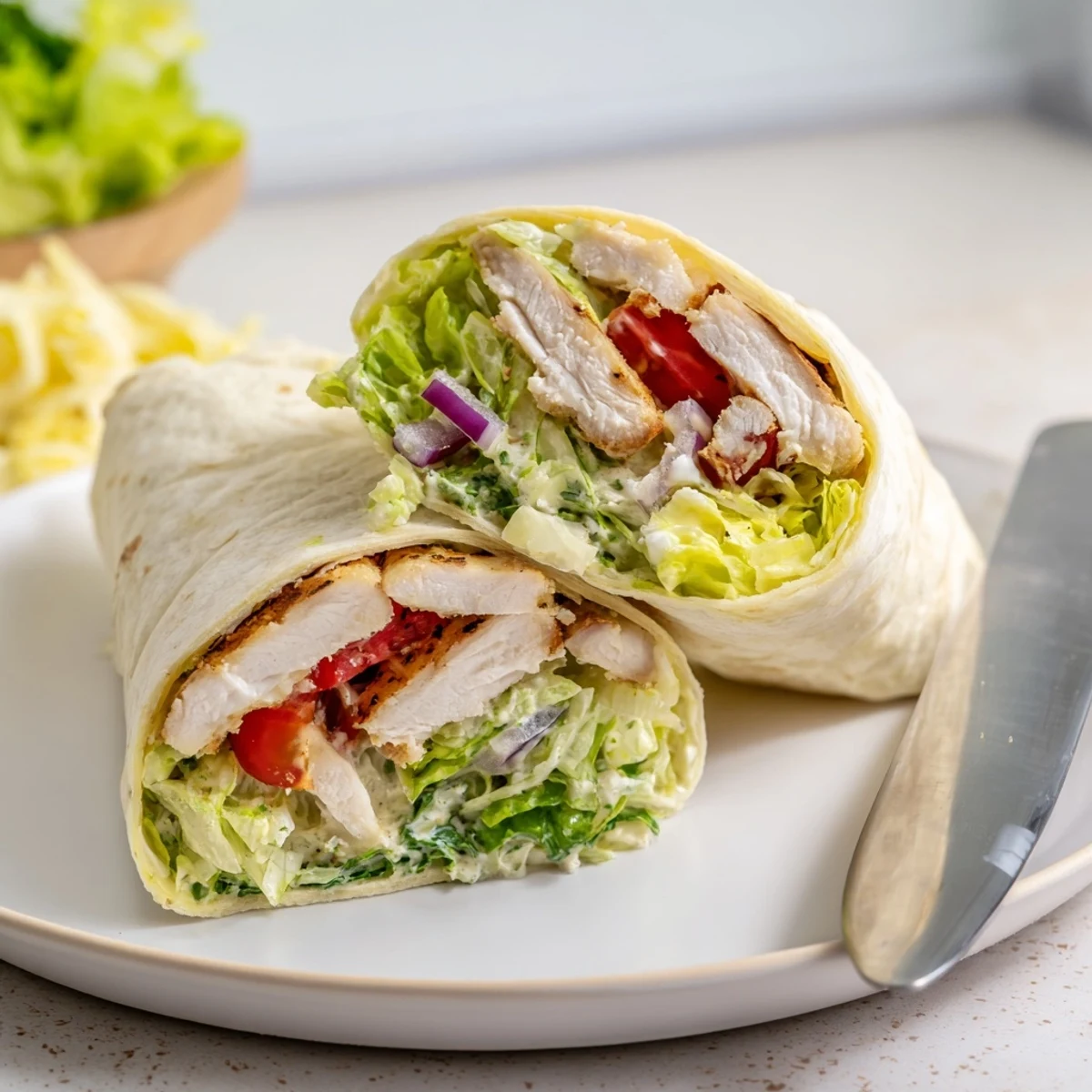 Overhead view of a Chicken Caesar Wrap with Parmesan on a rustic wooden board, garnished with black pepper.