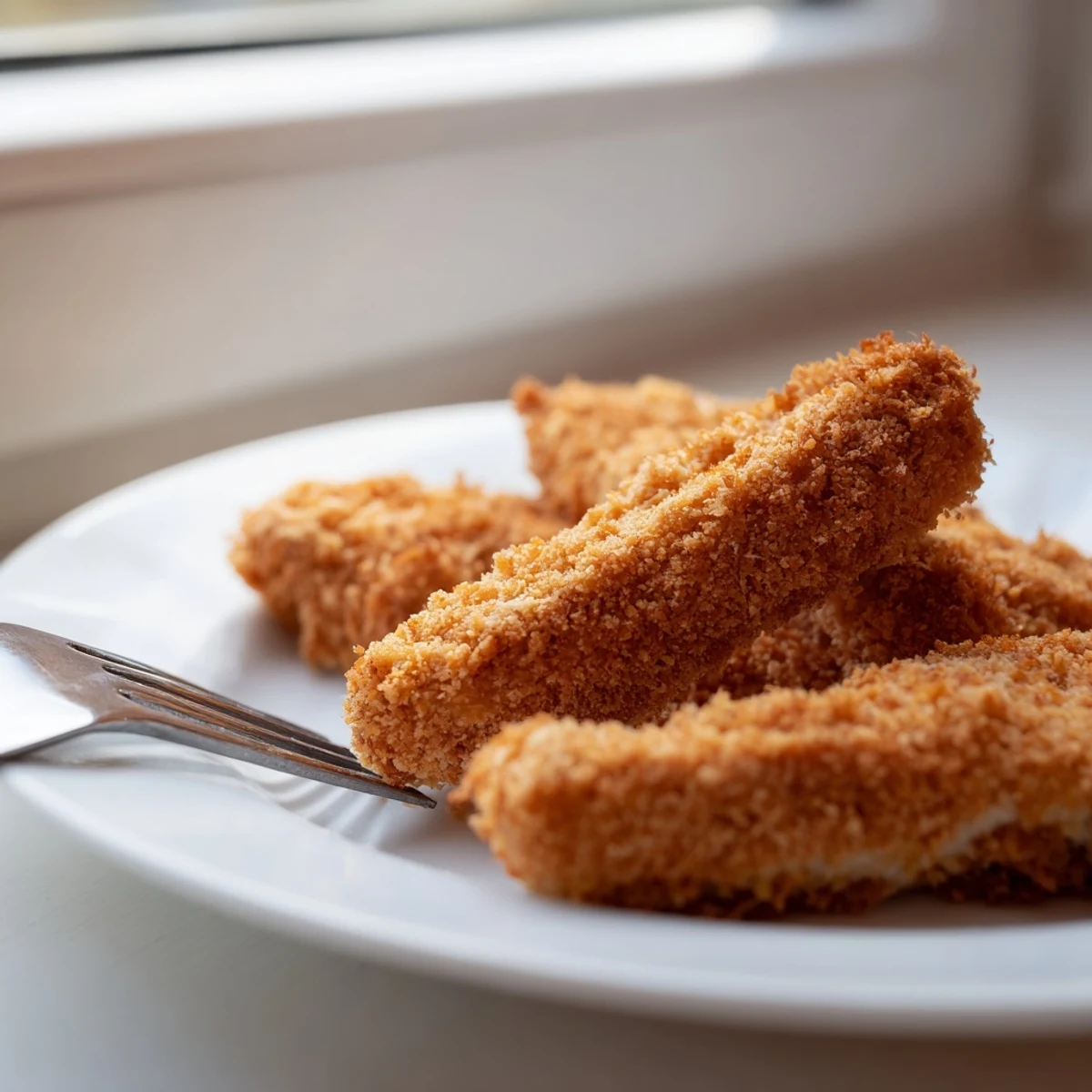 Golden, crispy air fryer chicken tenders served with a side of honey mustard dipping sauce for a quick family dinner.  