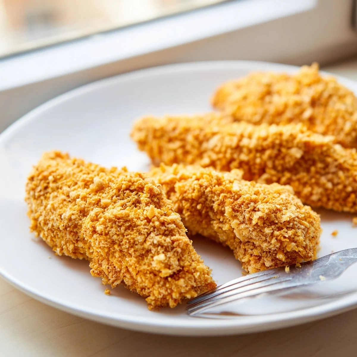 Easy homemade air fryer chicken tenders, perfectly golden brown and arranged on a plate with fresh lemon wedges.