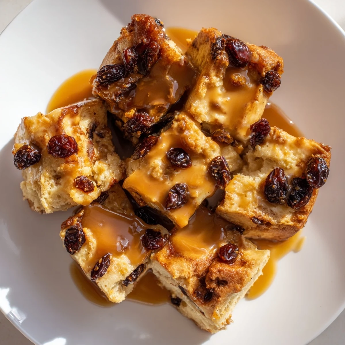 Freshly baked New Orleans Bread Pudding with warm caramel sauce, served on a rustic wooden table.