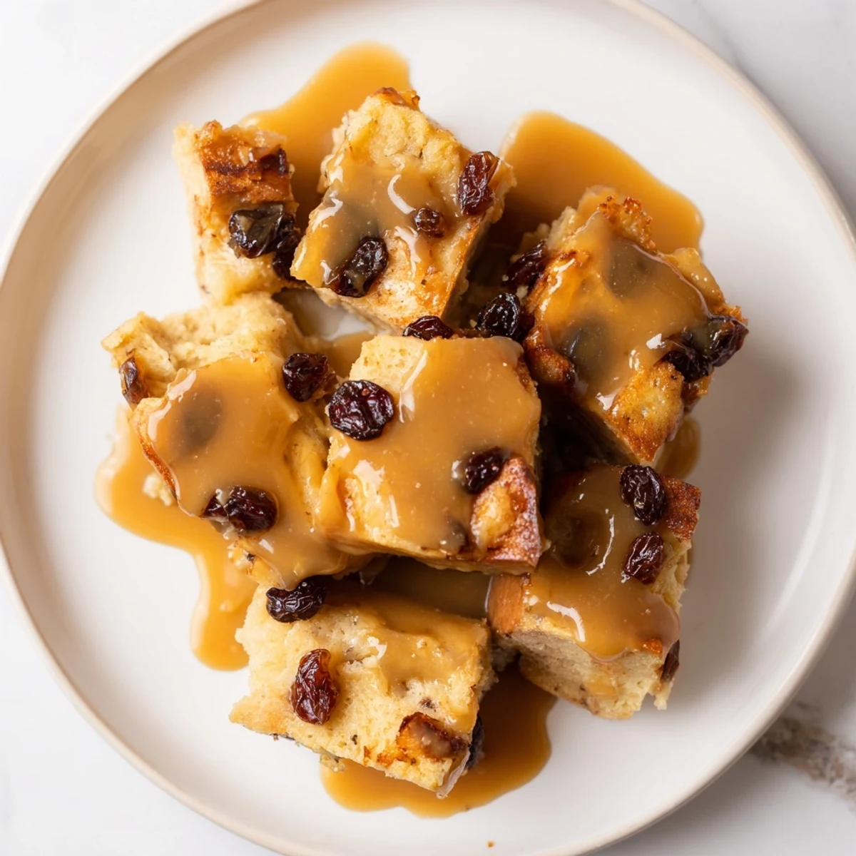 Golden brown New Orleans Bread Pudding in a white dish, generously drizzled with silky caramel sauce.
