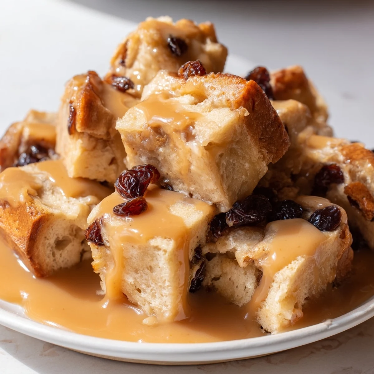 Slices of New Orleans Bread Pudding reveal plump raisins and custardy texture, perfect with vanilla ice cream.