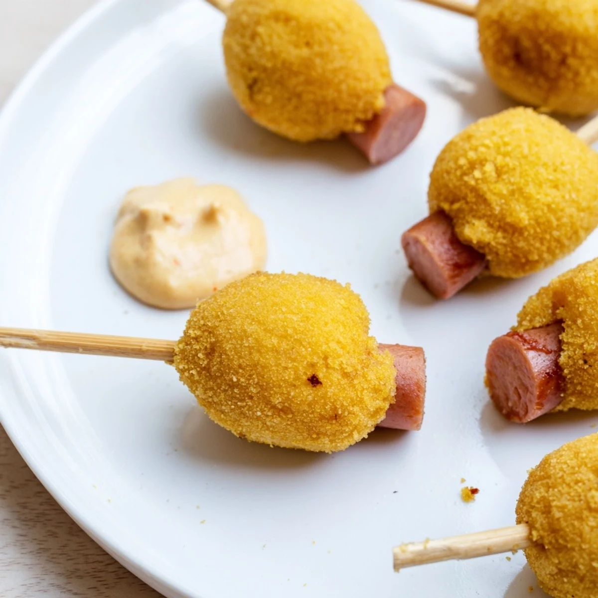 Fried mini corn dogs featuring halal beef franks on sticks, arranged on parchment paper next to a small bowl of tangy honey mustard.