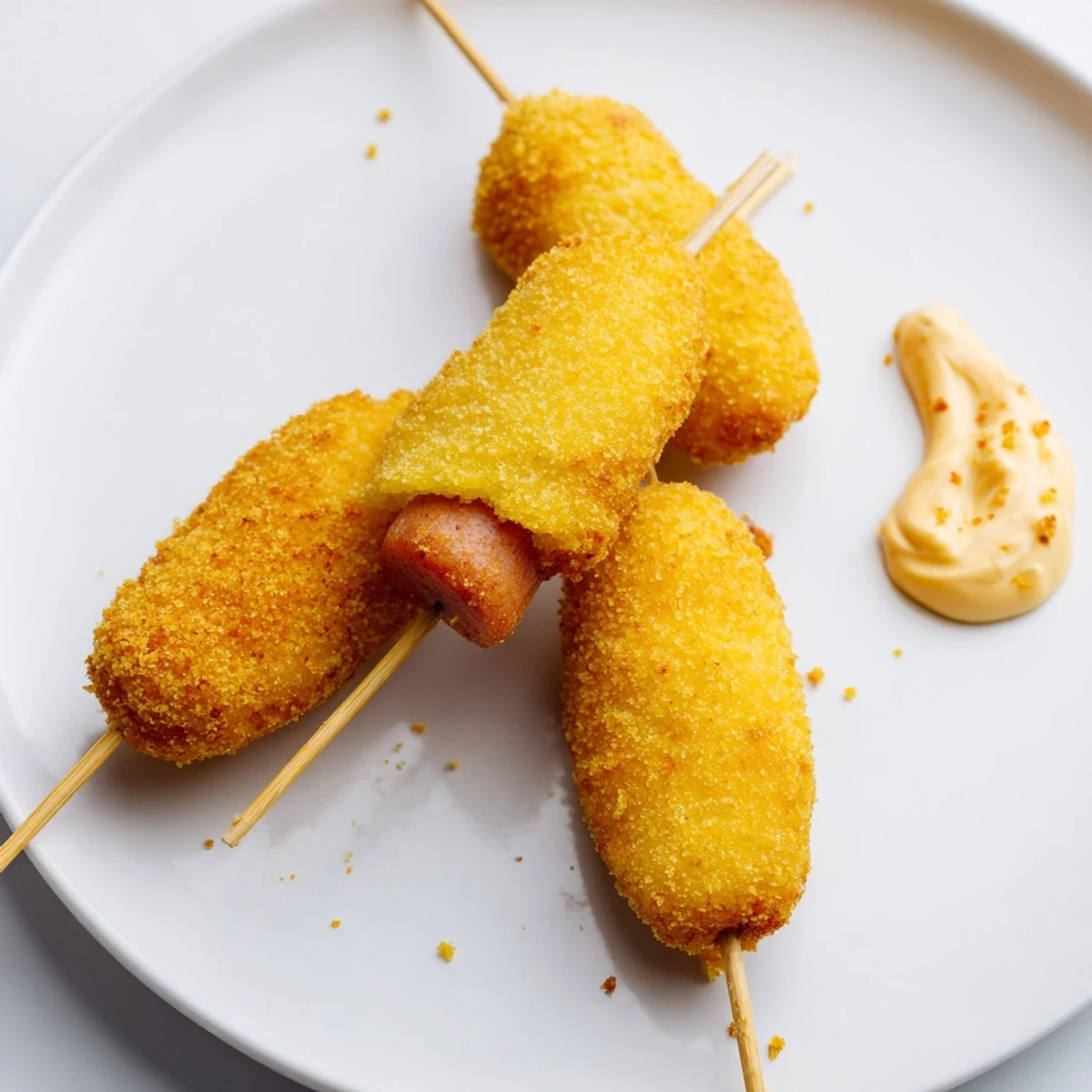Halal Super Bowl Mini Corn Dogs with a golden crust, ready to eat at a game day party with a side of mustard sauce.