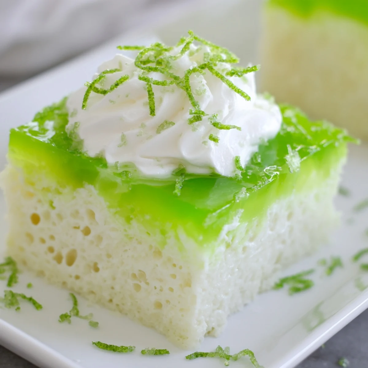 Bright green lime gelatin soaked into fluffy cake, served chilled for dessert.