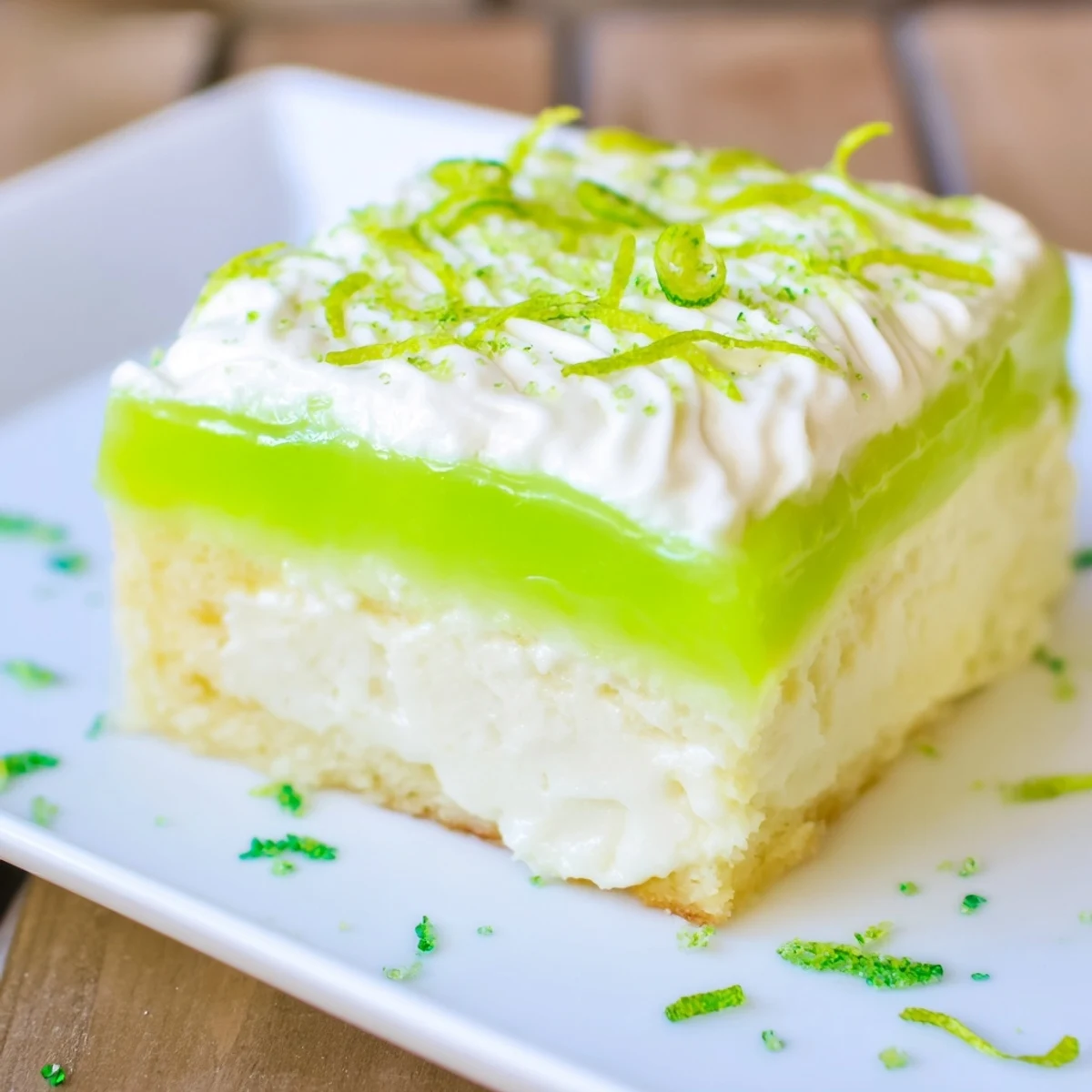 Creamy St. Patrick's Day Lime Poke Cake squares topped with green sprinkles.
