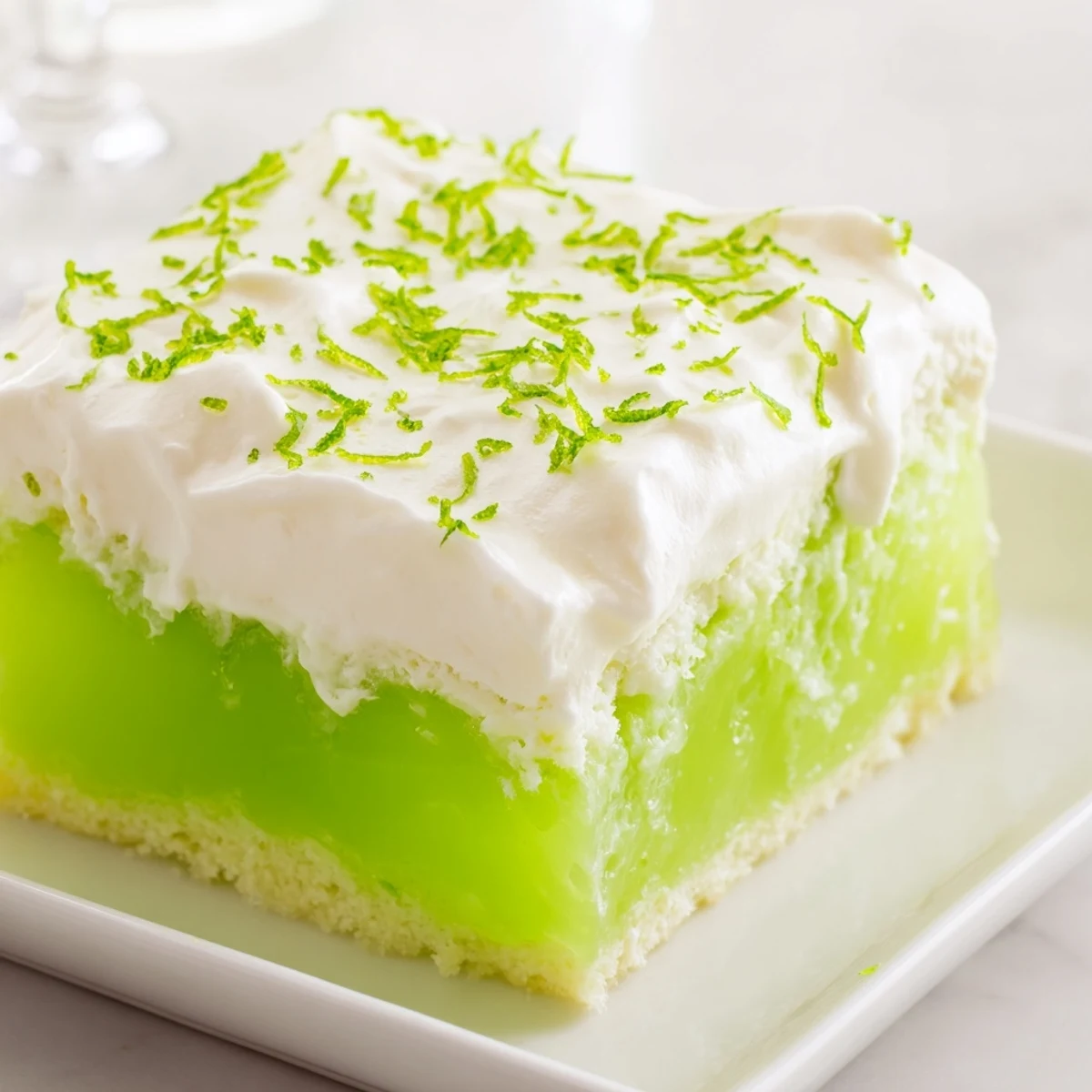 Festive St. Patrick's Day Lime Poke Cake with smooth pudding topping and zest.