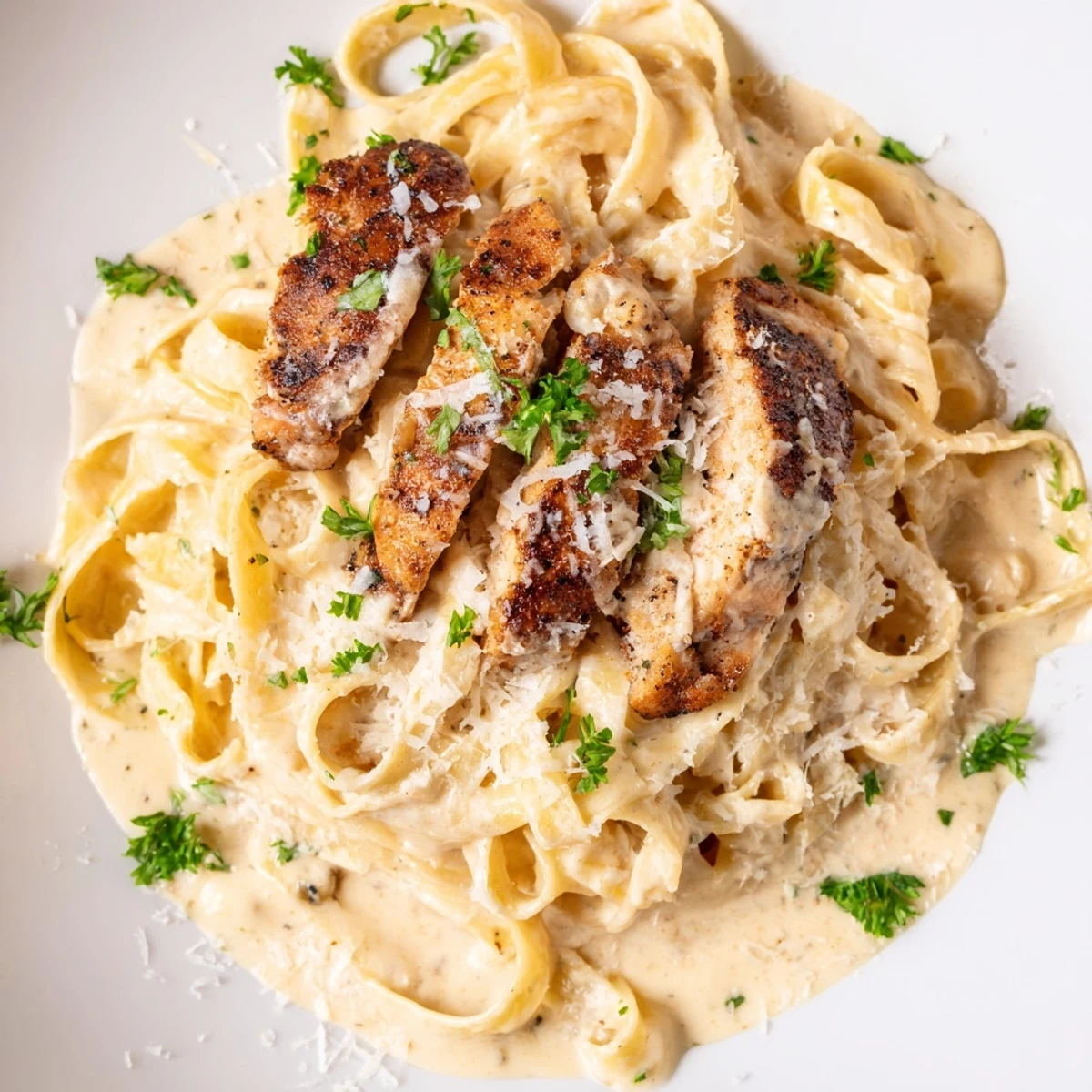 Steaming plates of Cajun Blackened Chicken Alfredo feature fettuccine coated in creamy sauce and topped with spicy sliced chicken breast.