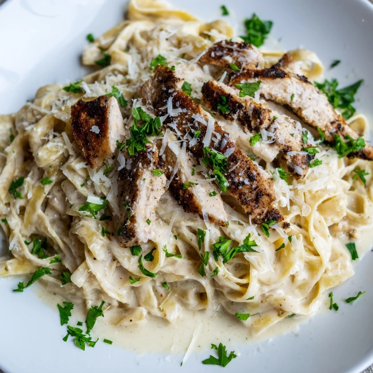 Sizzling blackened Cajun chicken rests on a creamy pasta plate with fresh parsley garnish, ready for a satisfying dinner.