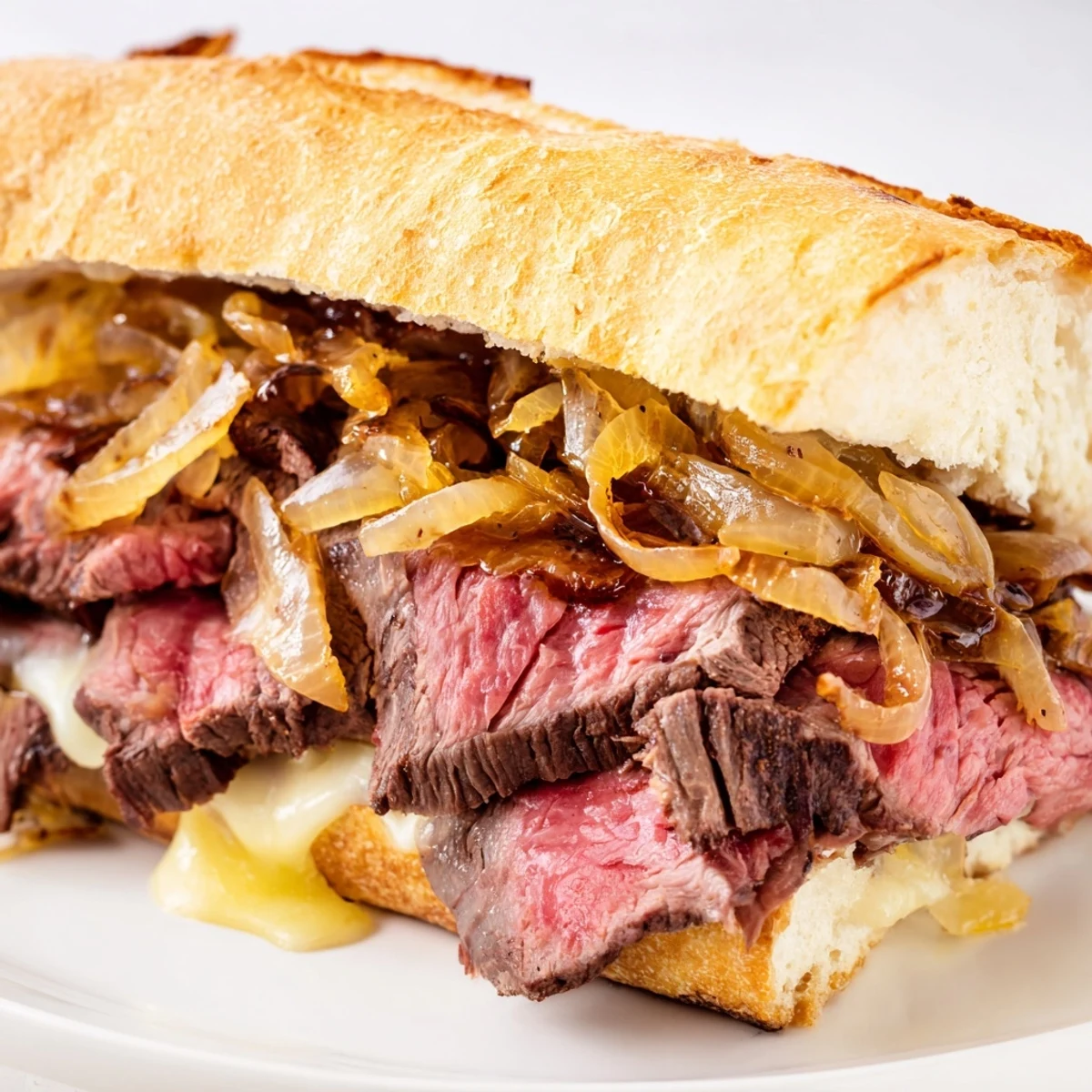 Close-up of open-faced MVP Steak Sandwiches with caramelized onions and melted provolone on a toasted baguette, ready to serve.