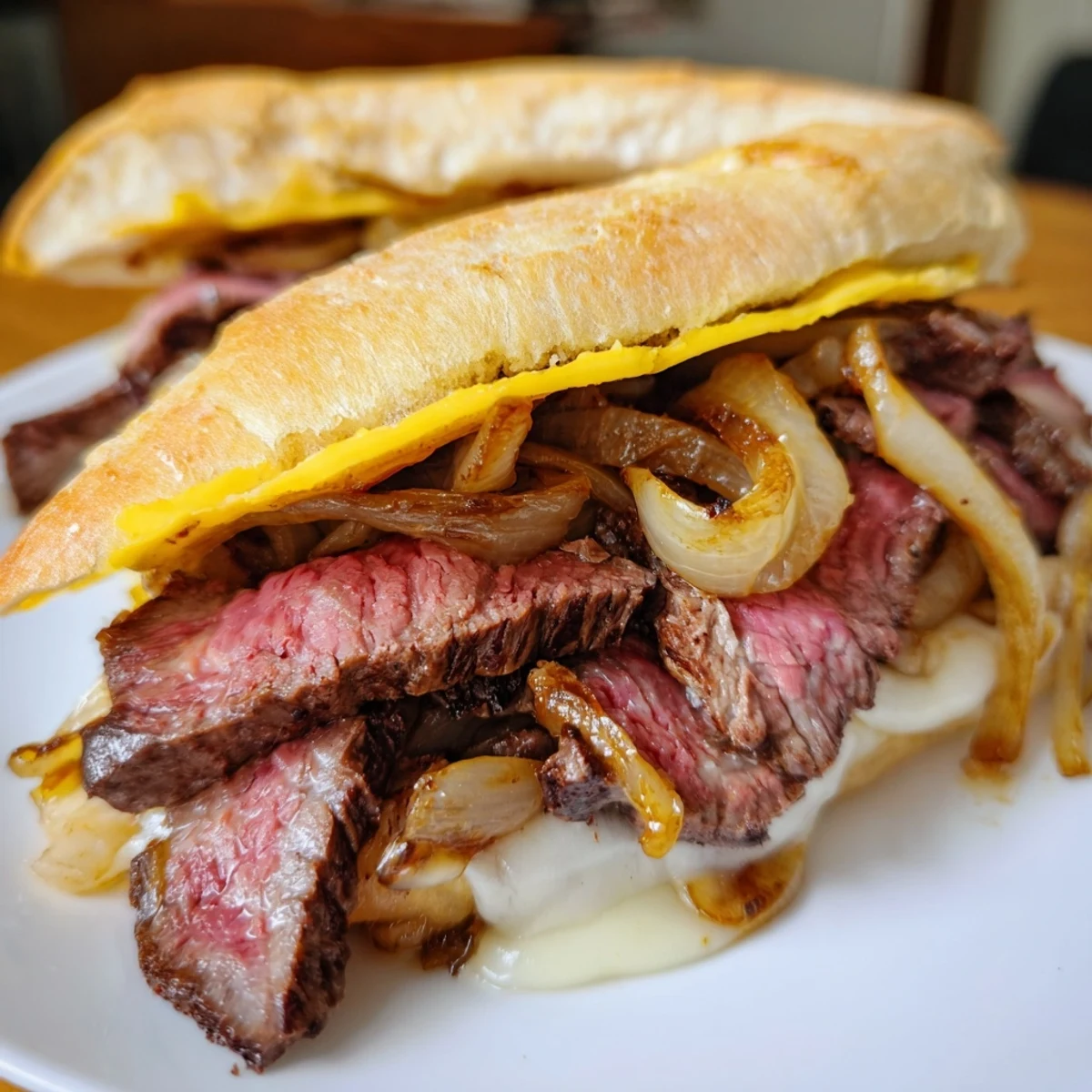 Sliced ribeye steak and sweet caramelized onions piled high in a crusty baguette, topped with gooey melted Swiss cheese.