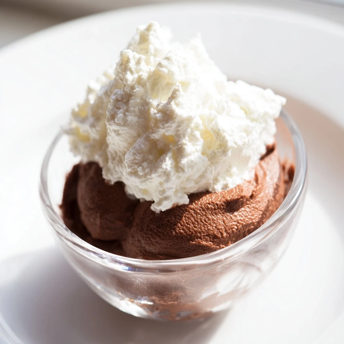 Chocolate Mousse with Whipped Cream served chilled in a glass with fresh raspberries and a drizzle of chocolate.