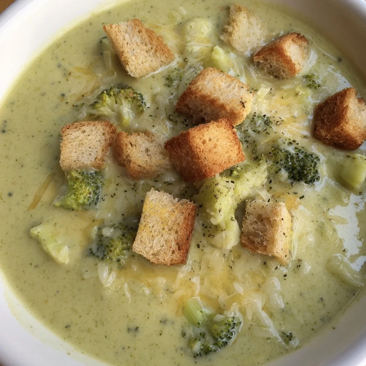 Vibrant green broccoli cheddar soup with croutons in a rustic bowl, steam rising. 