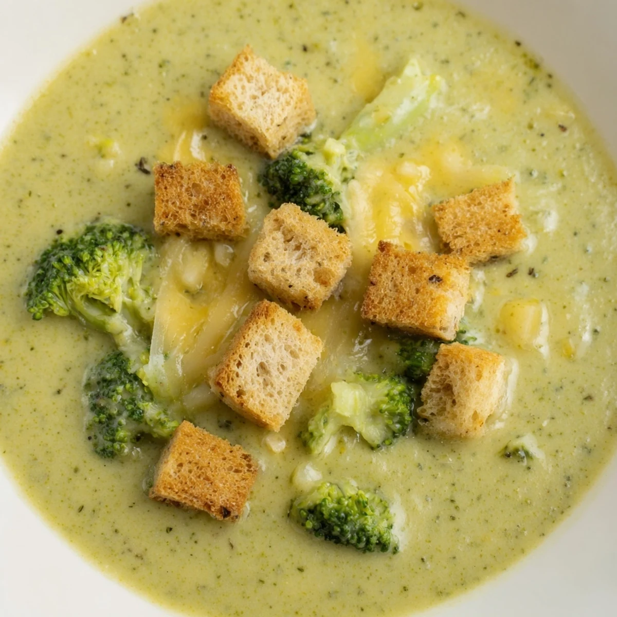 Creamy green broccoli cheddar soup topped with golden homemade croutons and cheddar. 