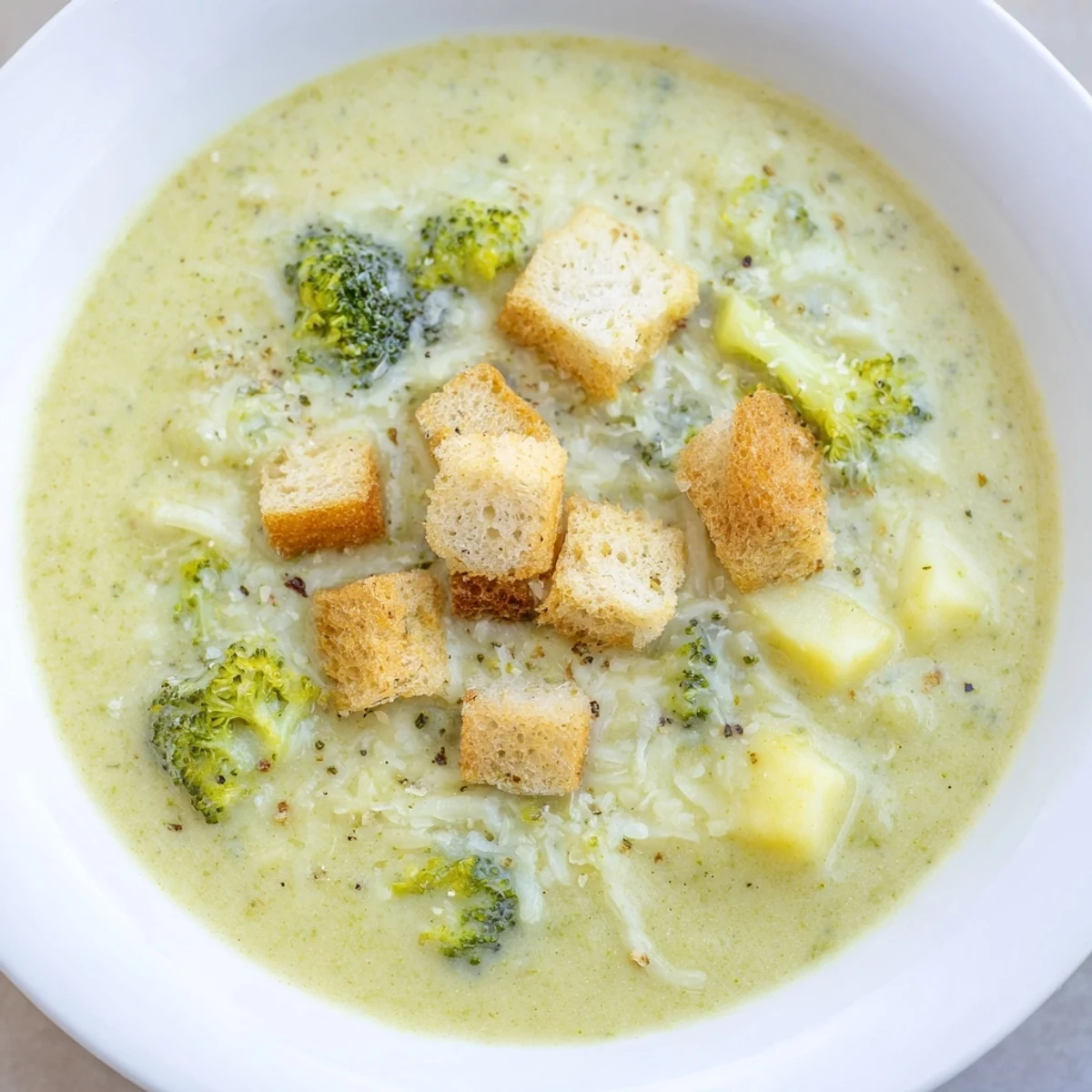 Hearty vegetarian broccoli cheddar soup with croutons served in a cozy kitchen.
