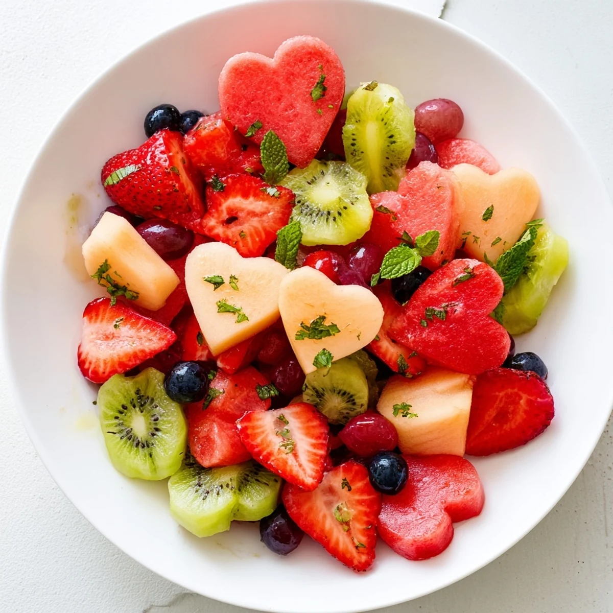 Bright bowl of Sweetheart Fruit Salad featuring juicy cantaloupe hearts, sliced kiwi, blueberries, and grapes tossed in a sweet-tart honey lime glaze with fresh mint.