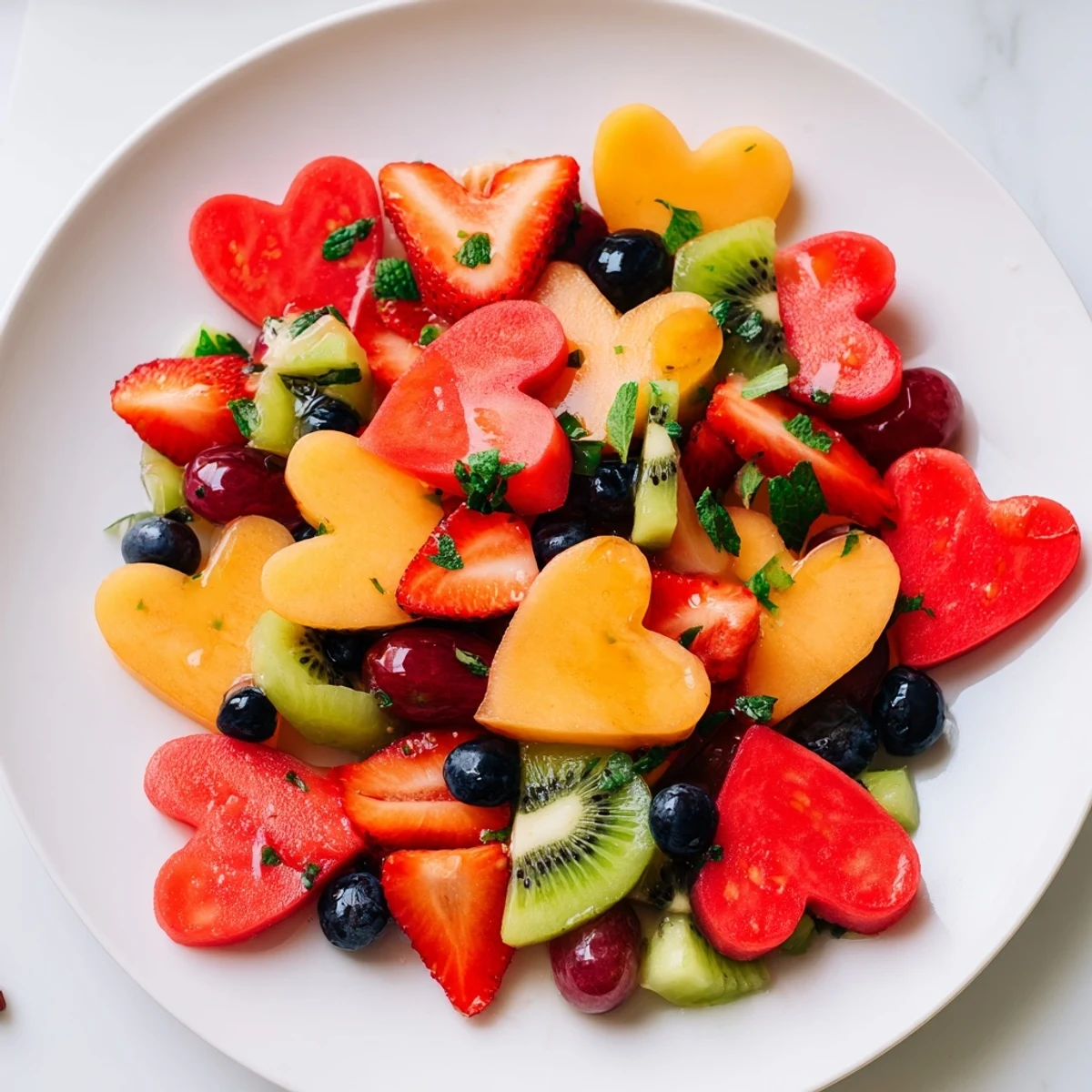 Overhead view of Sweetheart Fruit Salad showing vibrant red strawberries, green kiwi, and golden honeydew hearts arranged in a white dish, drizzled with citrus dressing.