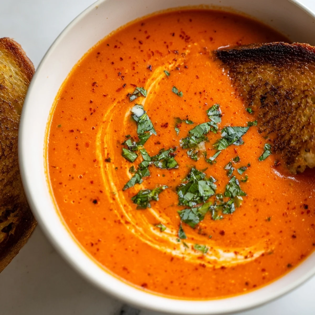 A bowl of Creole Tomato Soup with Grilled Cheese, the soup is creamy red with herbs and the sandwich is golden brown.