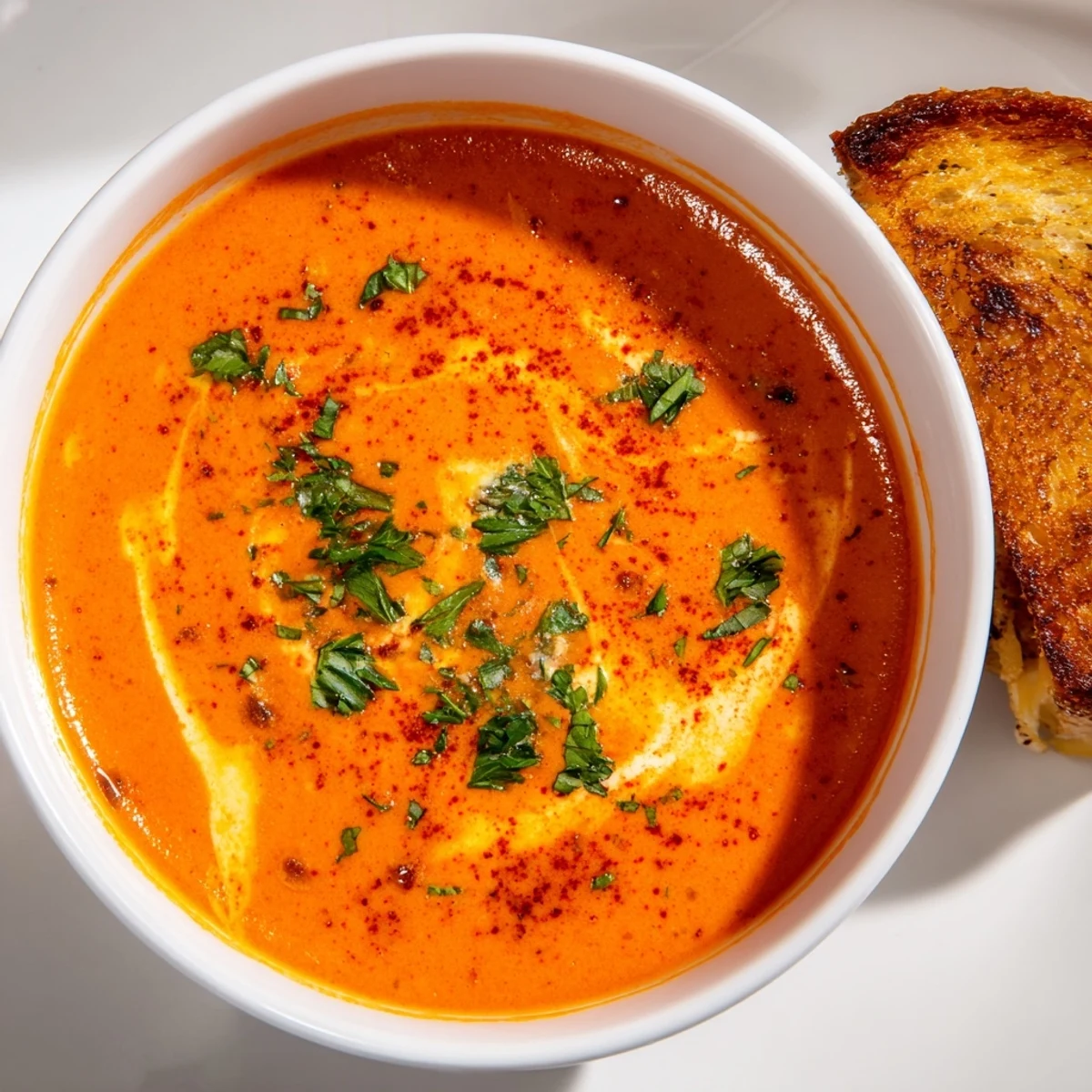 A close-up of Creole Tomato Soup with Grilled Cheese showing melty cheddar in the sandwich and fresh parsley on top.