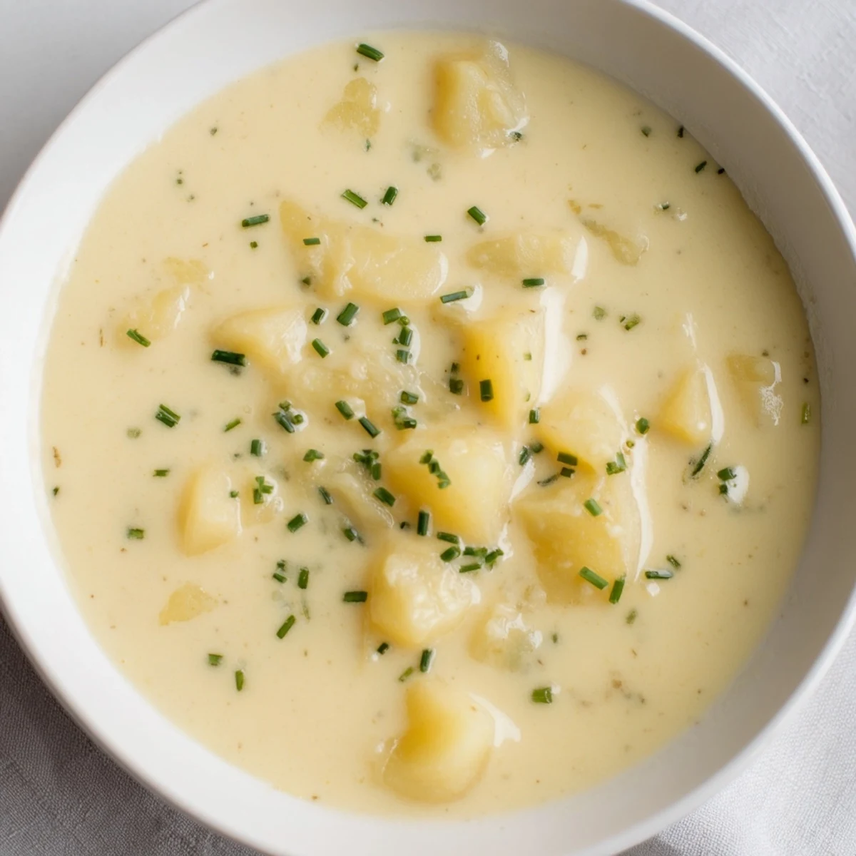 Creamy Irish Cheddar Potato Soup with Chives served steaming hot in a rustic bowl.