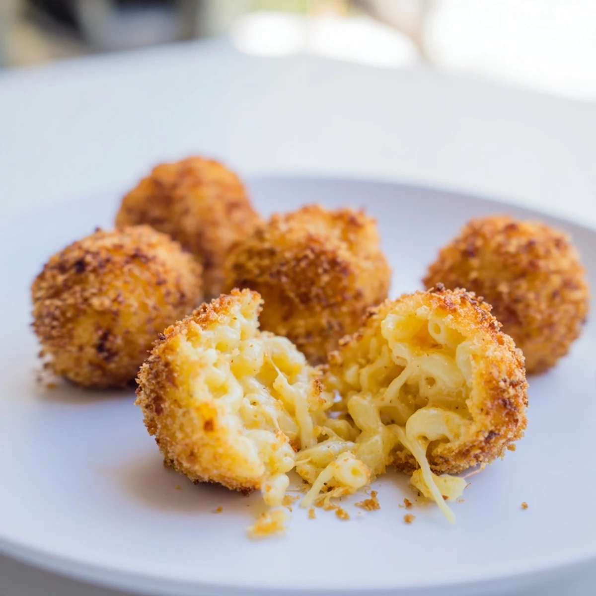 Freshly fried macaroni and cheese balls reveal a gooey cheddar center in this close-up.