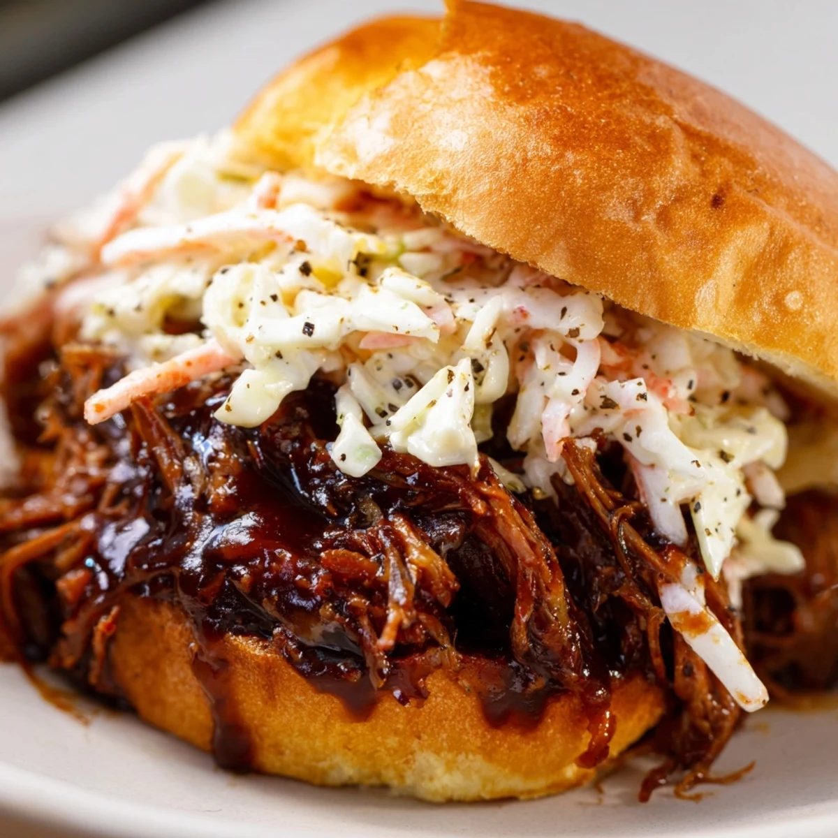 Golden-brown, slow-roasted pulled beef piled high on a toasted brioche bun, topped with creamy coleslaw.