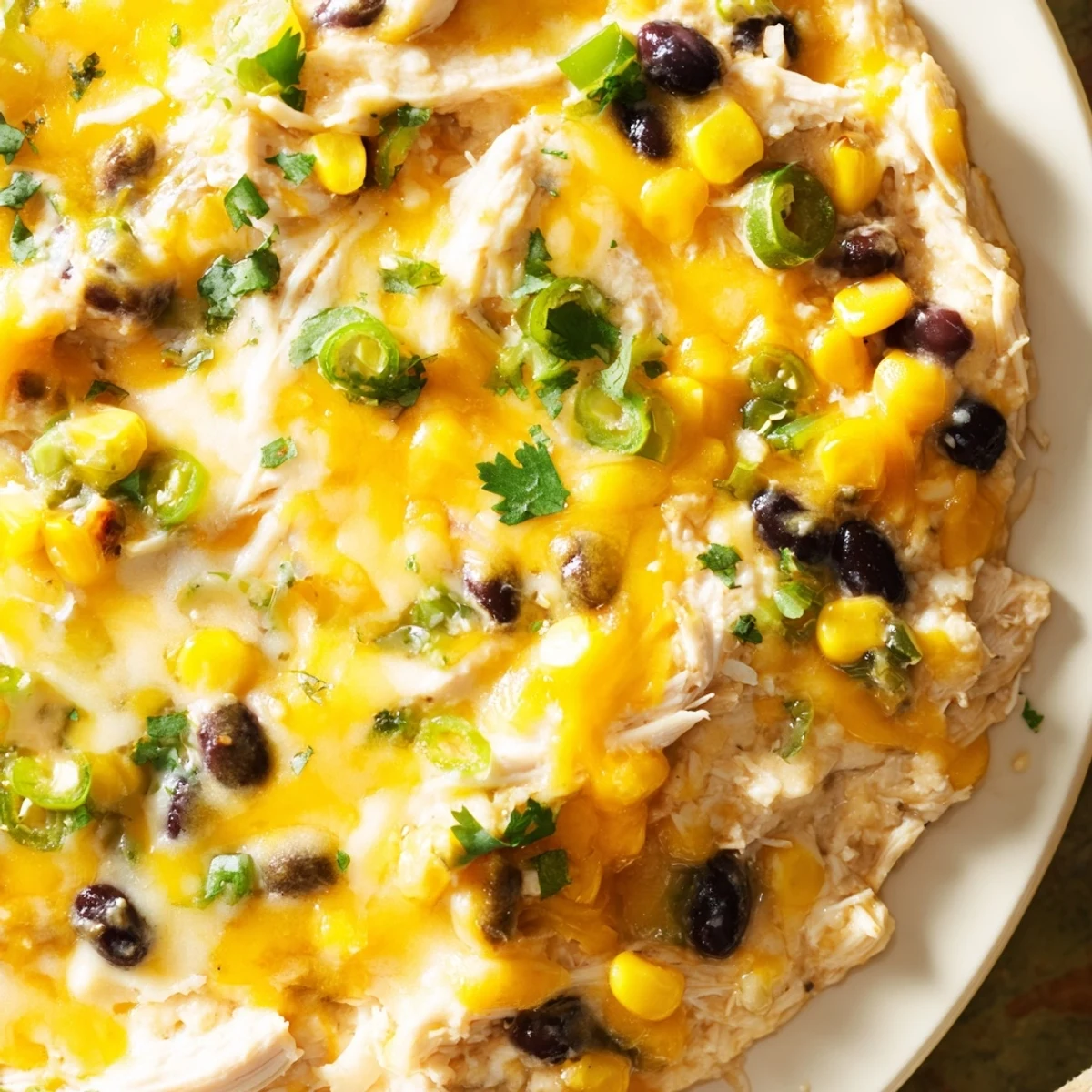 A warm, bubbly serving of Chicken Enchilada Dip with melted cheese and fresh cilantro garnish, ready for dipping.