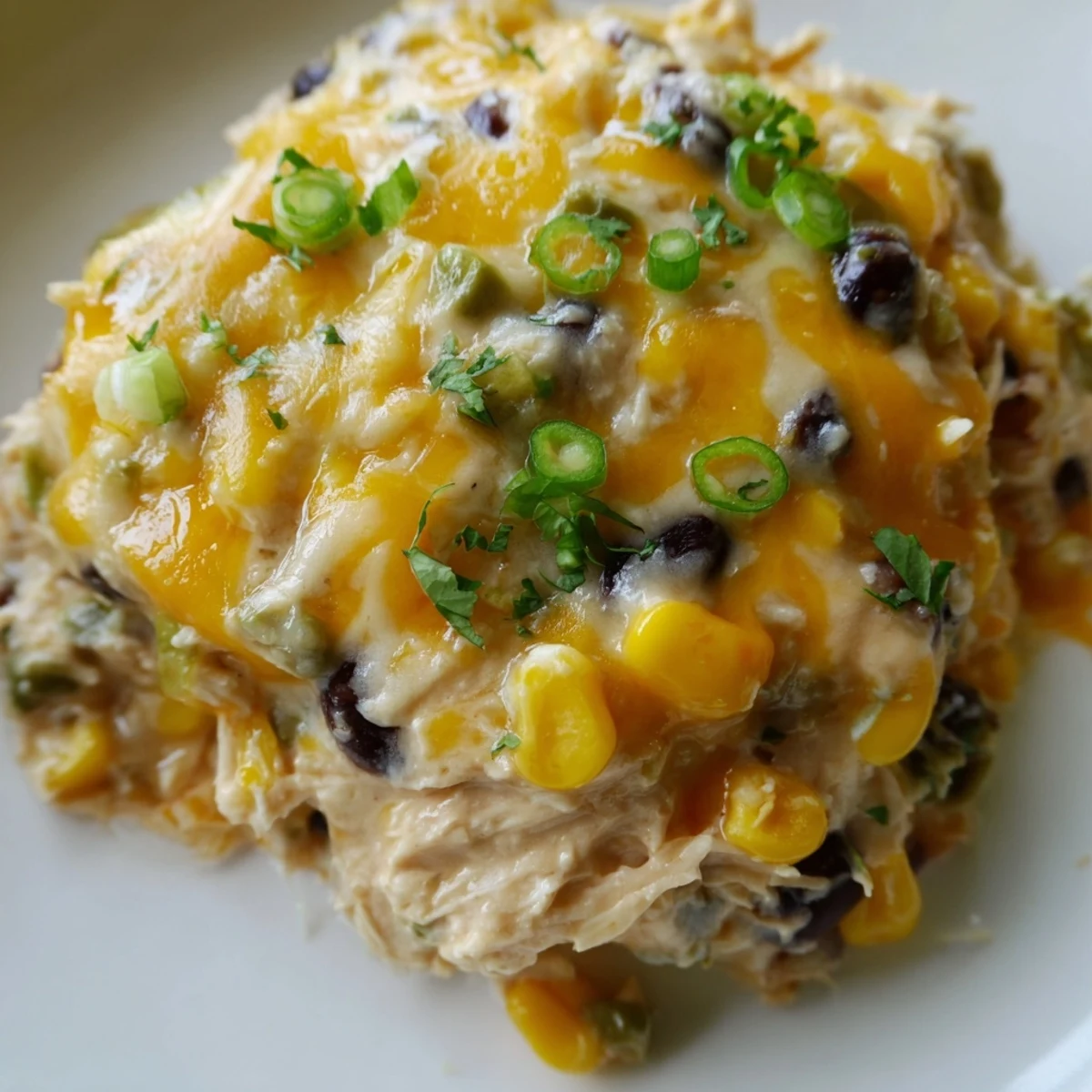 This baked Chicken Enchilada Dip features creamy cheese, shredded chicken, corn, and beans in a golden dish.