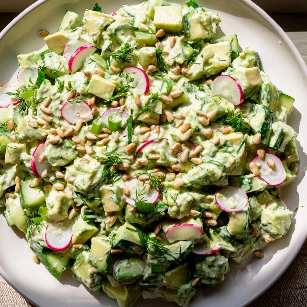 This vibrant Green Goddess Salad with avocado and cucumber showcases creamy avocado chunks and crisp cucumber pieces tossed in a bright green herb dressing.  