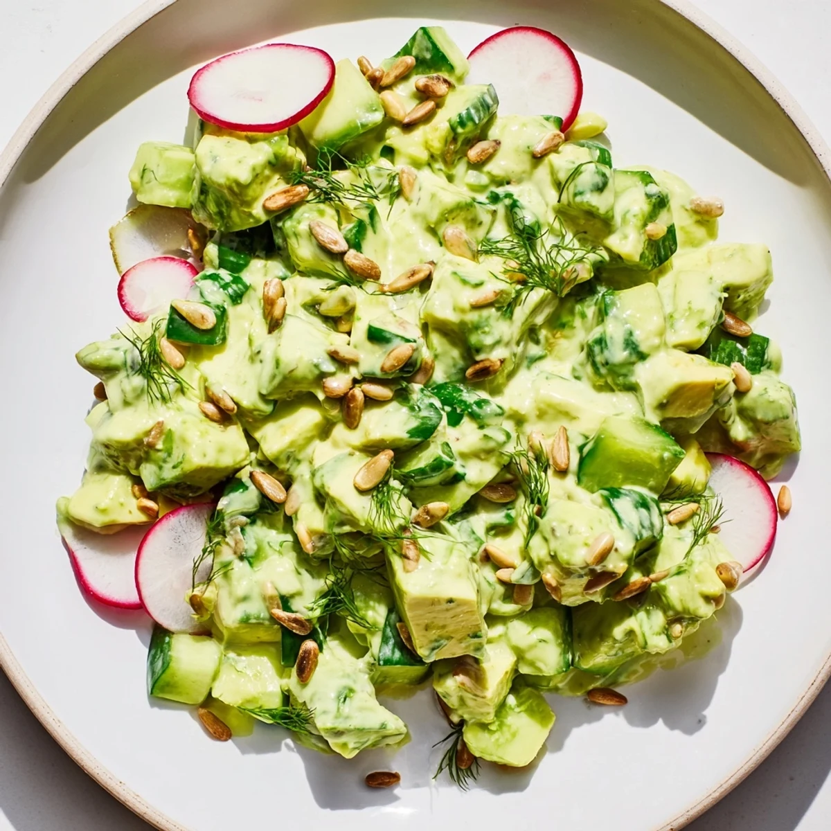 The Green Goddess Salad with avocado and cucumber features diced avocado, cucumber rounds, and fresh herbs on a bed of romaine lettuce.  