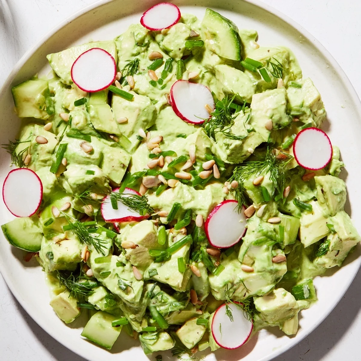 A close-up of a bowl of Green Goddess Salad with avocado and cucumber, highlighting the creamy green dressing and colorful radish slices.