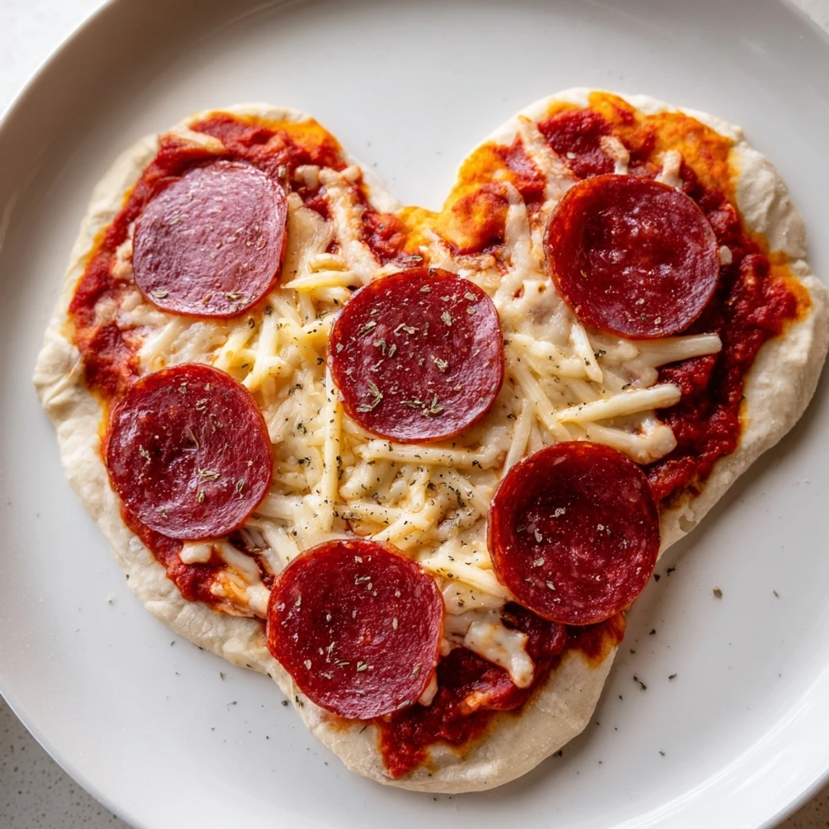 Golden, bubbling Heart Shaped Pepperoni Pizza with beef pepperoni, fresh basil, and melted mozzarella on a rustic wooden table.