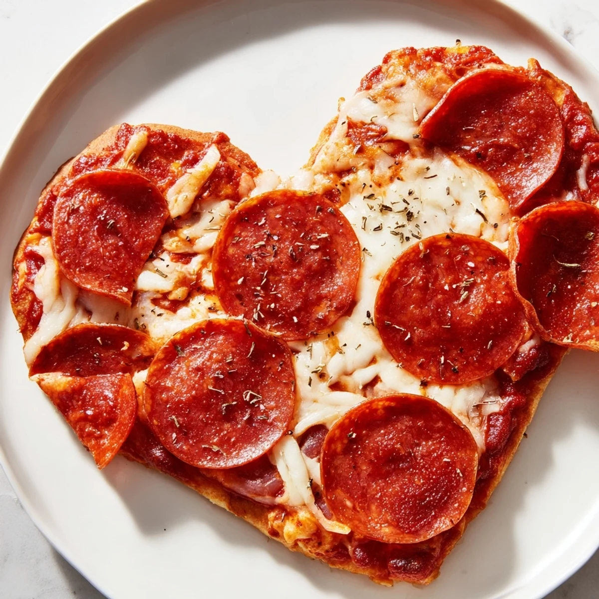 Homemade Heart Shaped Pepperoni Pizza, featuring a tender crust and savory beef pepperoni, sliced and served hot for a romantic dinner.