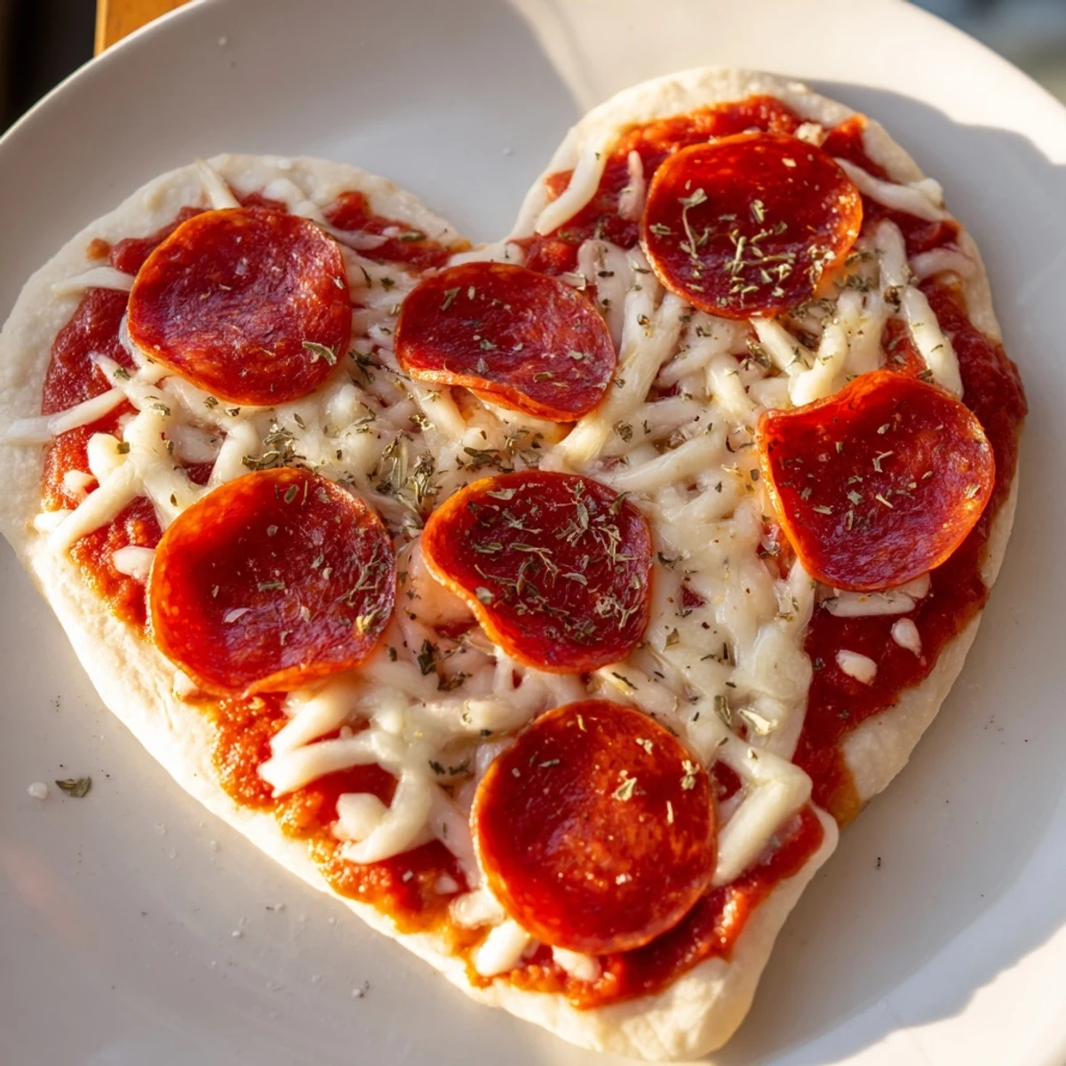 Close-up of Heart Shaped Pepperoni Pizza on a marble counter, highlighting gooey mozzarella and rich tomato sauce under warm lighting.