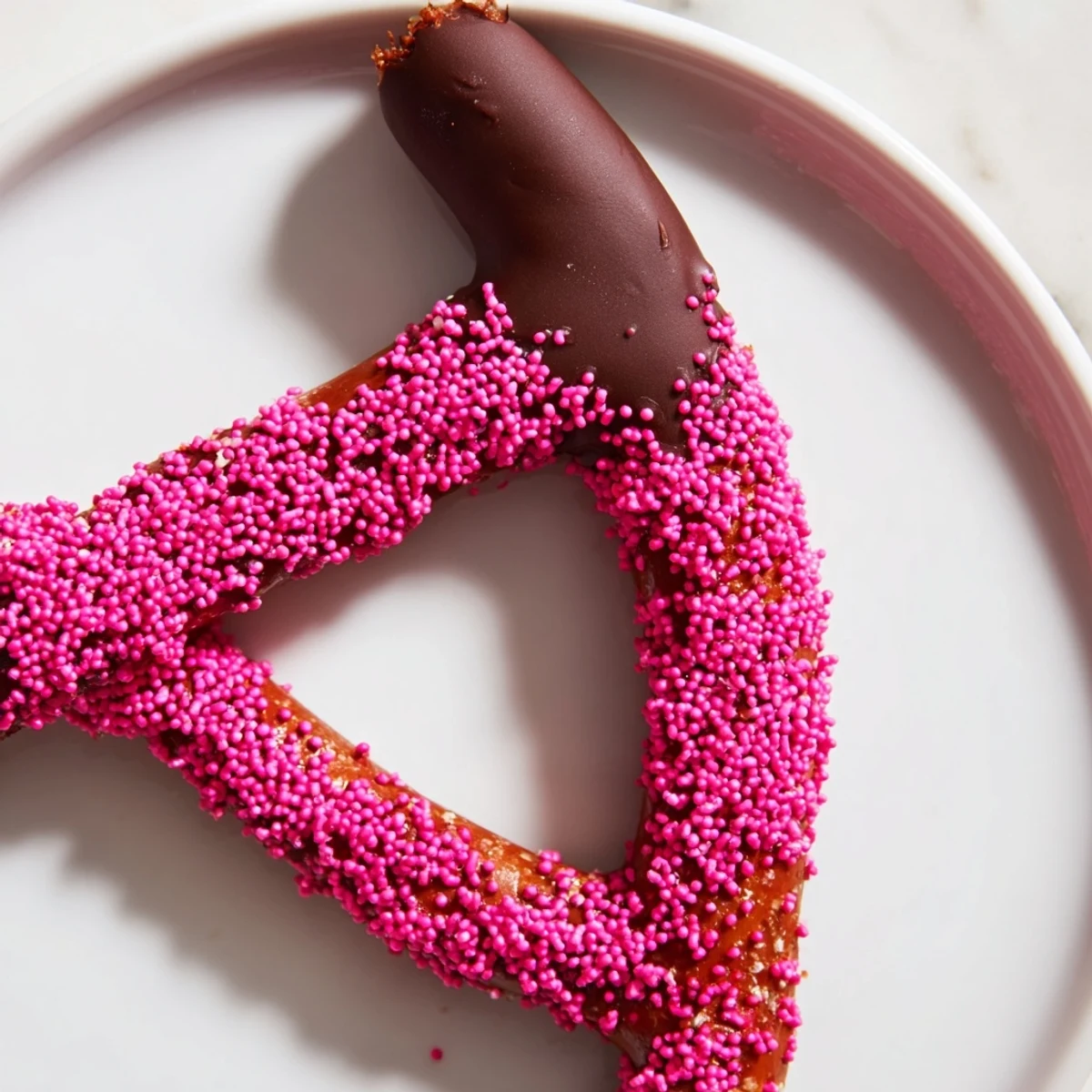 Chocolate dipped pretzels with pink sprinkles on a white plate, showing glossy, smooth coating and a festive, party-ready appearance.