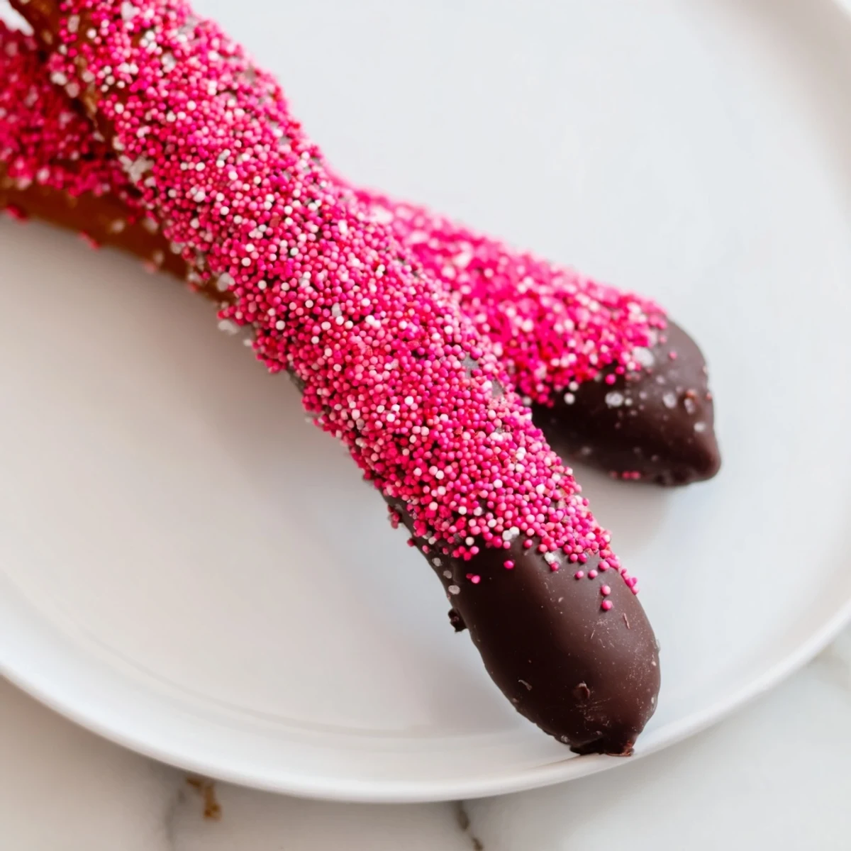 Homemade chocolate pretzel rods with cheerful pink sprinkles, easy to make and perfect for gifting or as a sweet snack.