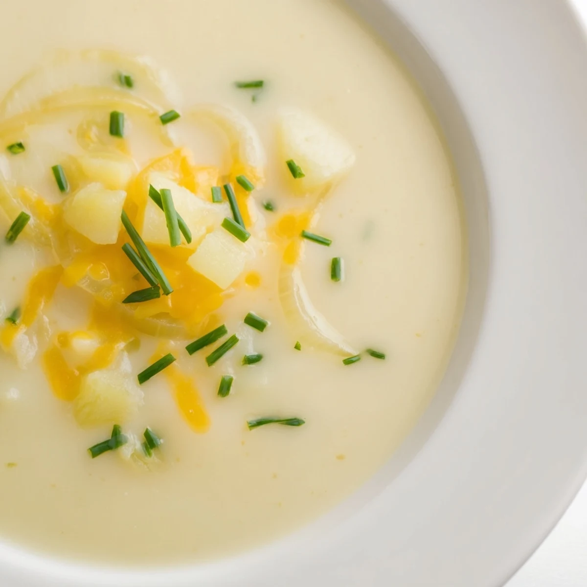 Creamy Irish Potato Leek Soup with Cheddar garnished with fresh chives in a rustic bowl.  