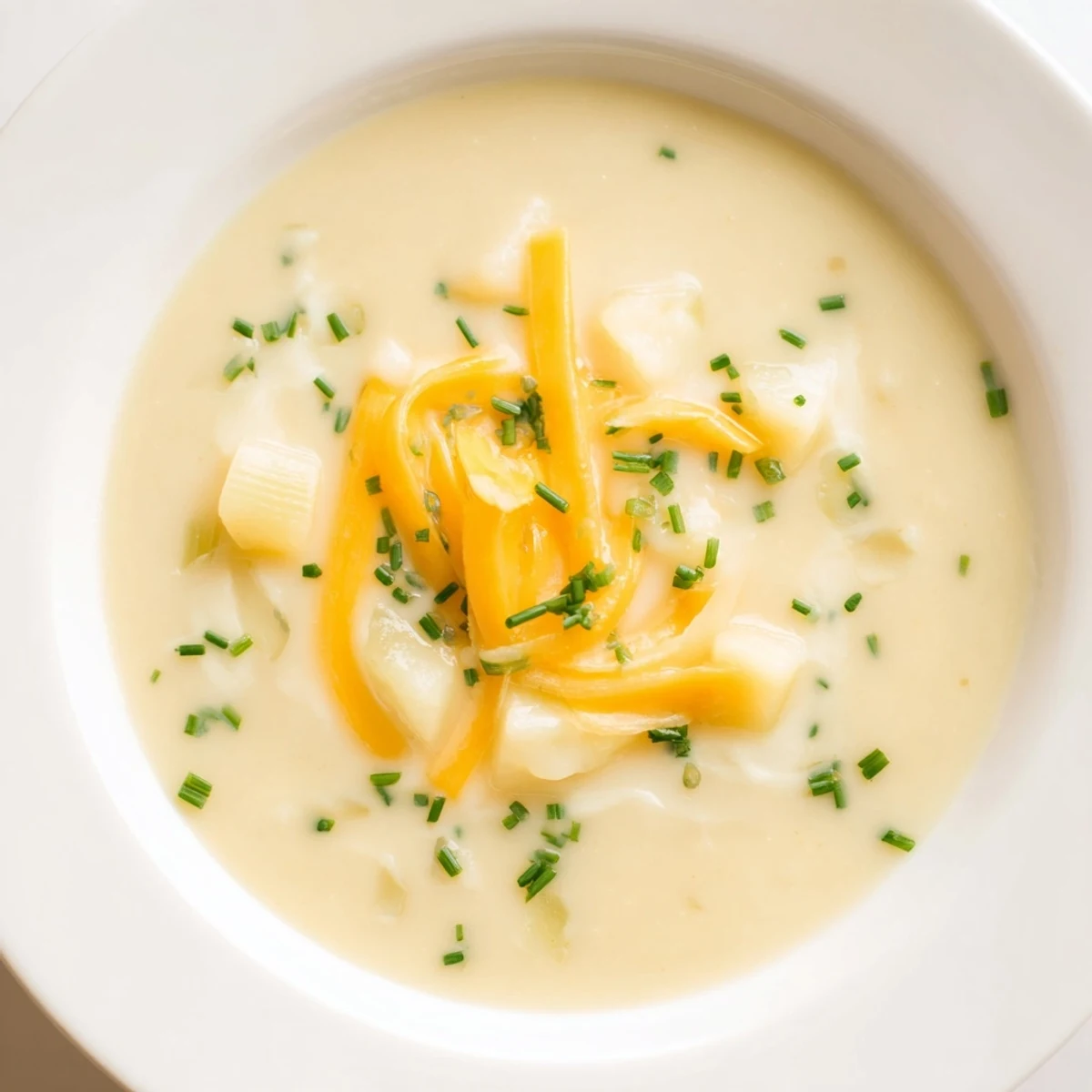 Hearty Irish Potato Leek Soup with Cheddar served steaming hot alongside crusty soda bread.  