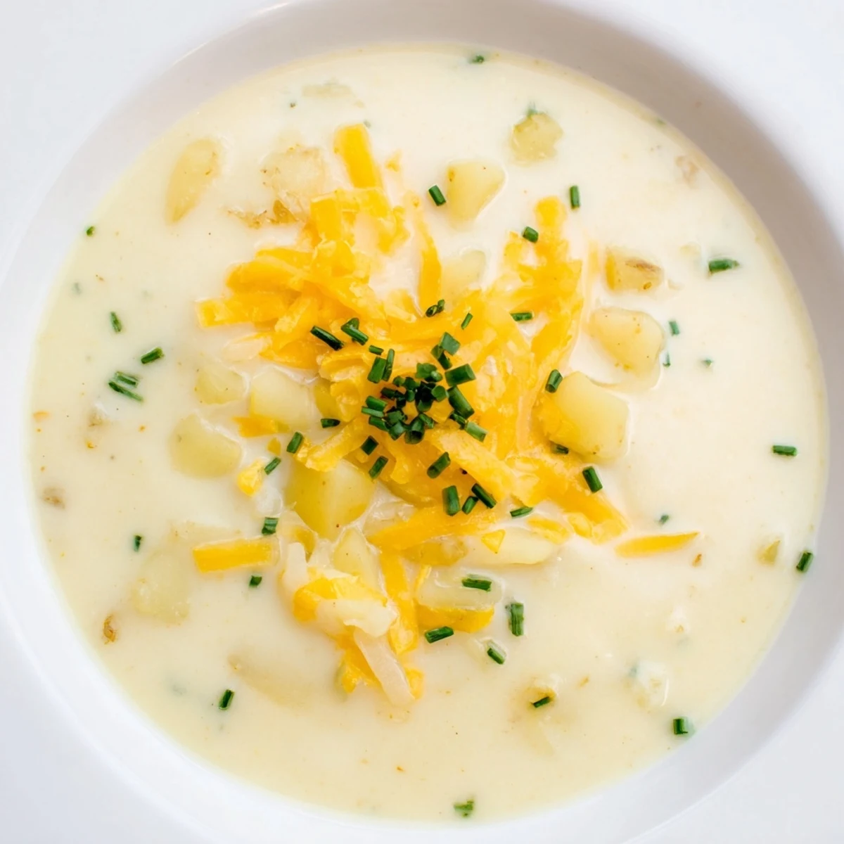Ladle of velvety Irish Potato Leek Soup with Cheddar topped with a melting cheese drizzle.