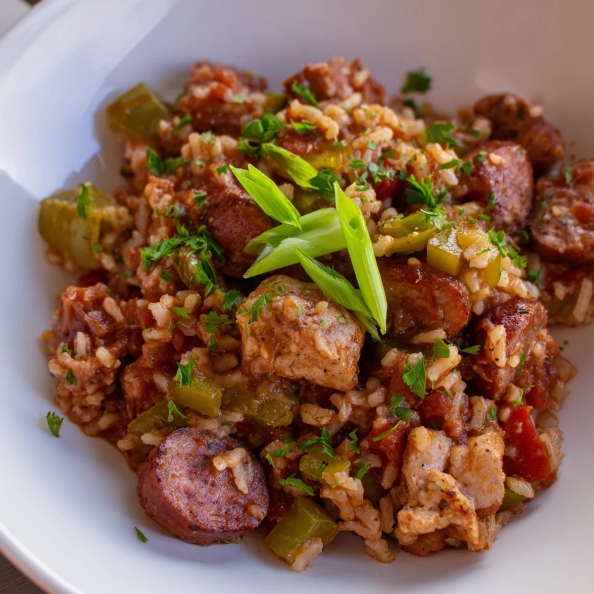 A hearty bowl of Creole Jambalaya with Chicken and Beef Sausage, featuring tender meat, bell peppers, and aromatic rice served steaming hot.