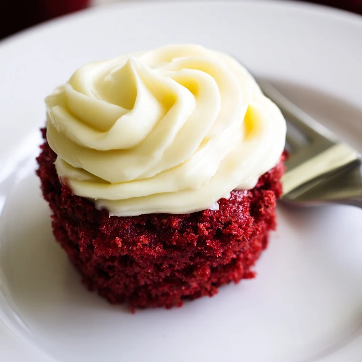 A close-up of four moist Red Velvet Cupcakes with cream cheese frosting, garnished with crumbs and a decorative swirl on top.