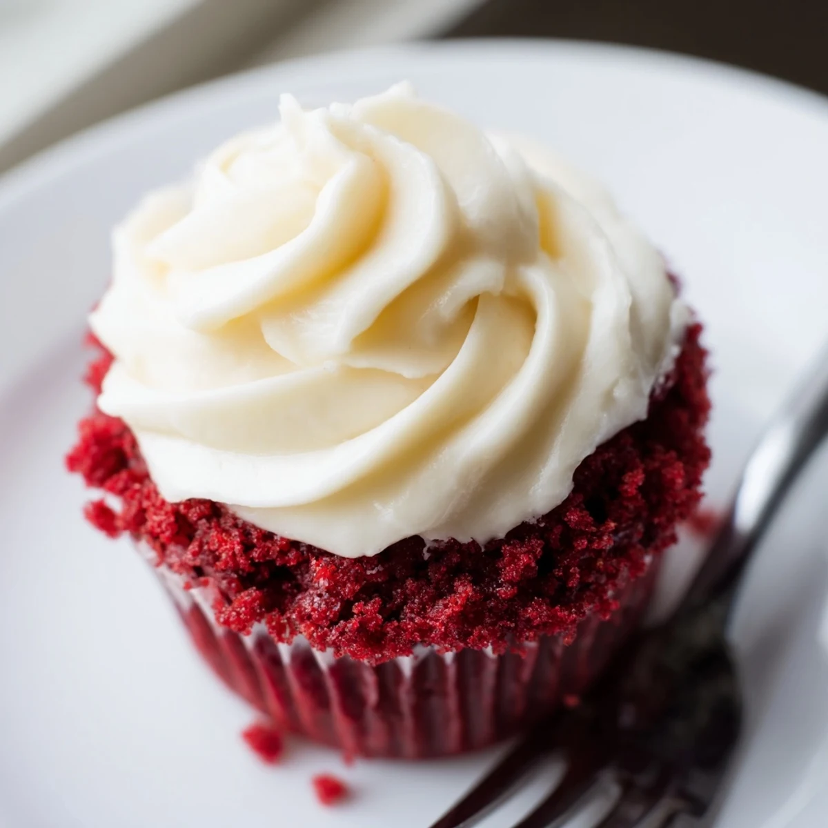 Frosted Red Velvet Cupcakes displayed on a wire cooling rack, with a soft focus on the tangy cream cheese frosting and moist red crumb.
