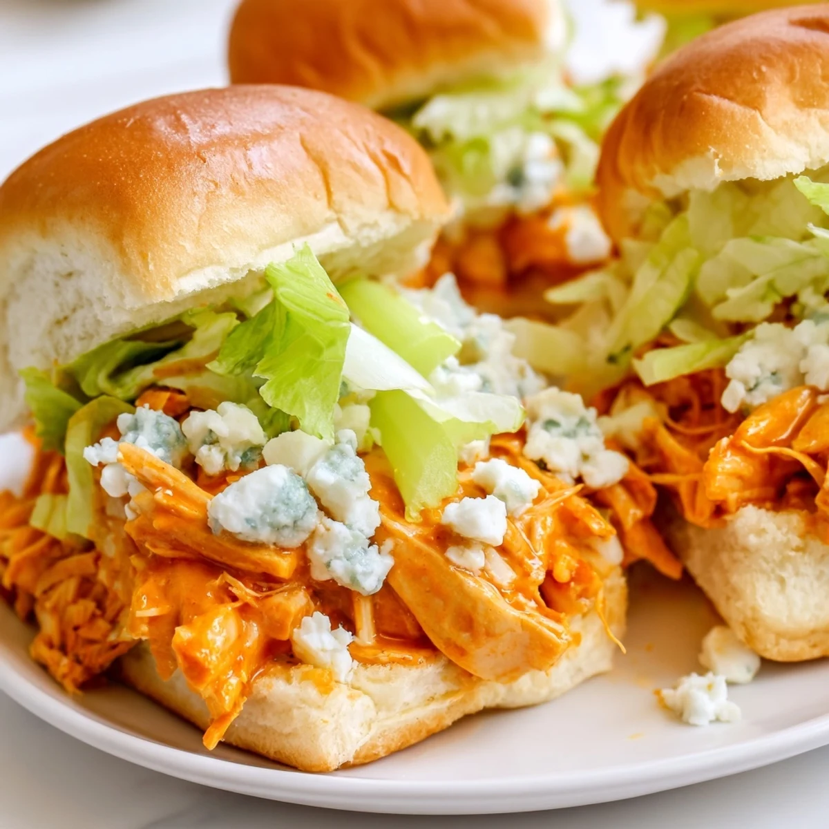 Golden toasted slider buns filled with spicy buffalo chicken, topped with creamy blue cheese sauce, lettuce, and celery.