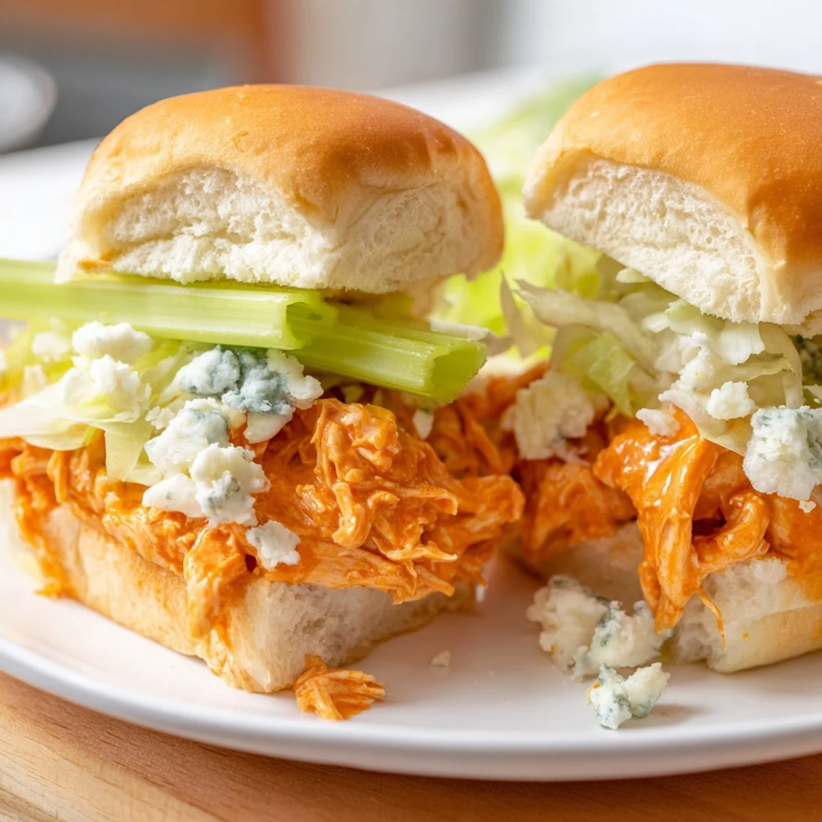 Two Buffalo Chicken Sliders with Blue Cheese stacked on a wooden board, garnished with fresh chives for a vibrant appetizer.